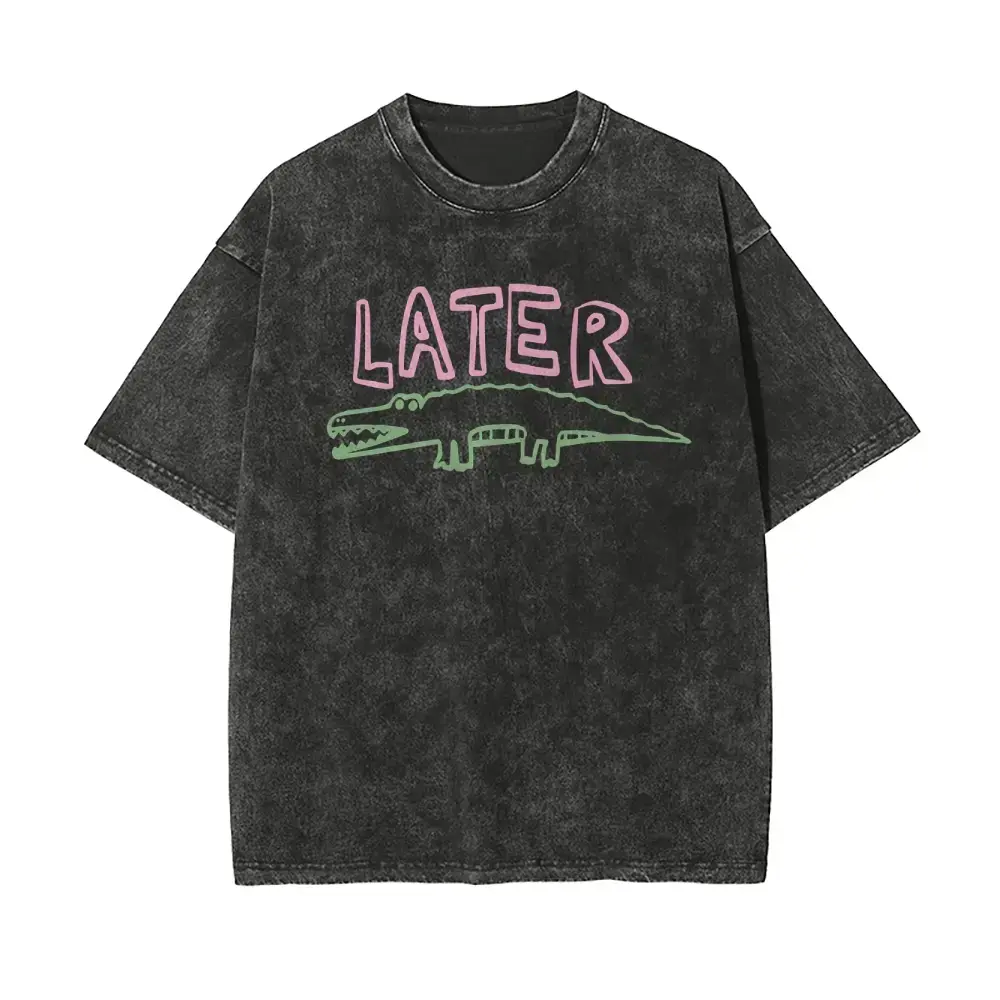 Later Alligator Graphic T Shirt Funny Crocodile Cartoon Tee Vintage Washed Oversized Unisex Short Sleeve Top
