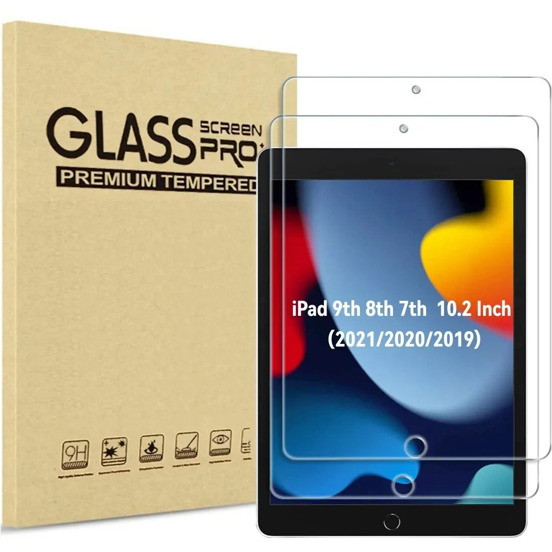2 Pack Screen Protector for iPad 9th 8th 7th Generation 10.2 Inch (2021/2020/2019), Tempered Glass Film for A2602 A2603 A2270 A2197 -ClearSuper Durable, Anti-Fingerprint, Supports Apple Pencil, High Hardness