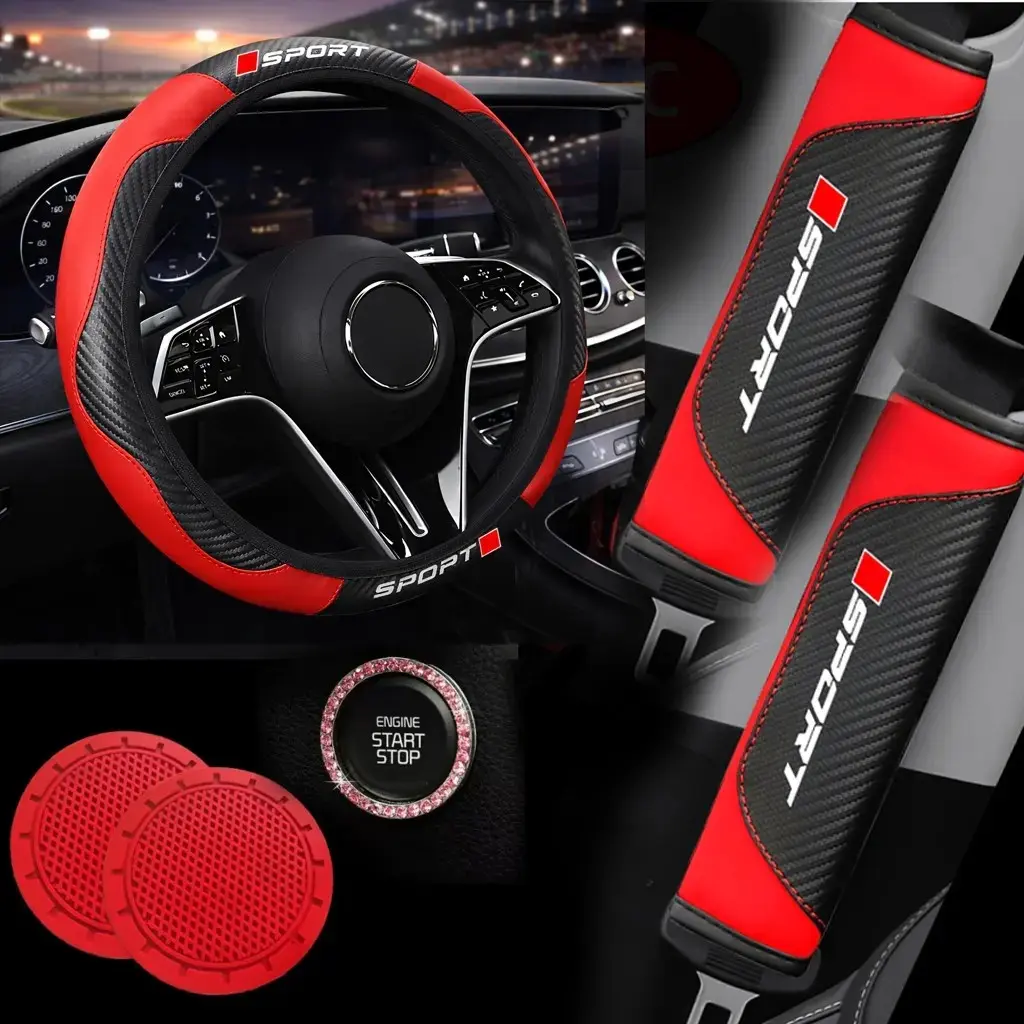 Car Interior Accessories Set, 6PCS Carbon Fiber Steering Wheel Cover Seat Belt Covers Armrest Pad, Universal Fit Stylish Car Decor Accessories for Women Men SUV Truck, Car Interior Ornaments