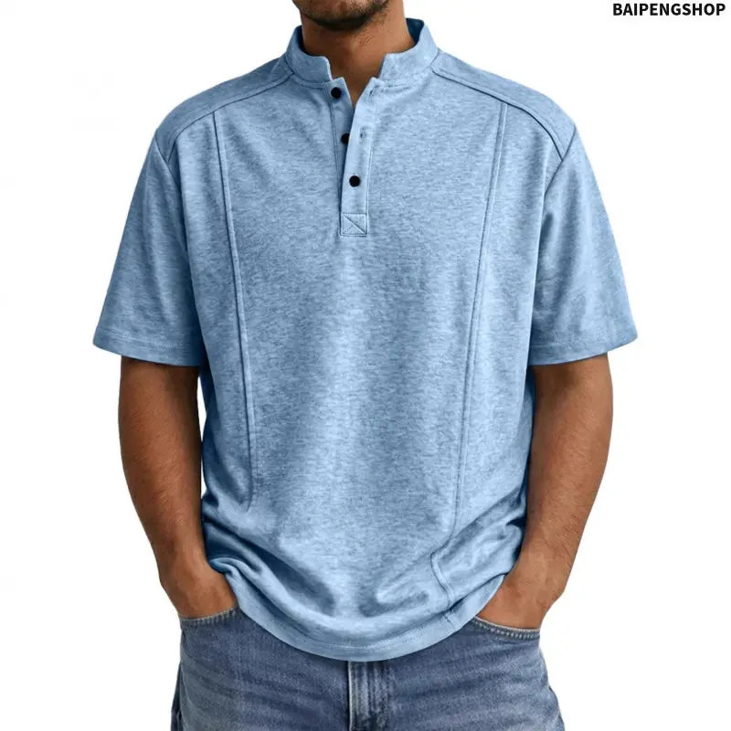 Men's Plain Knit Henley Short-Sleeve T-Shirt - Minimalist Casual Top with Soft Loose Fit, Antibacterial Menswear, Streetwear Essential, Shortsleeve