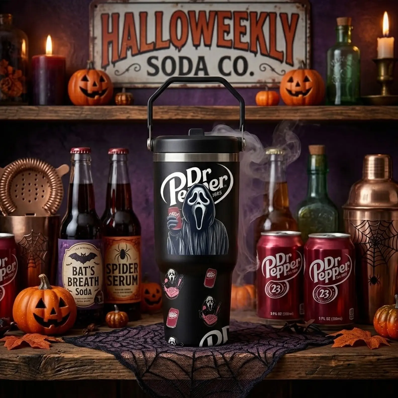 30oz Halloween Tumbler with Handle, Scary Ghost Face Inspired, Retro Cherry Soda Aesthetic Print, Stainless Steel Vacuum Insulated Travel Mug with Lid & Straw, Spooky Season Coffee Cup, Horror Fan Gift