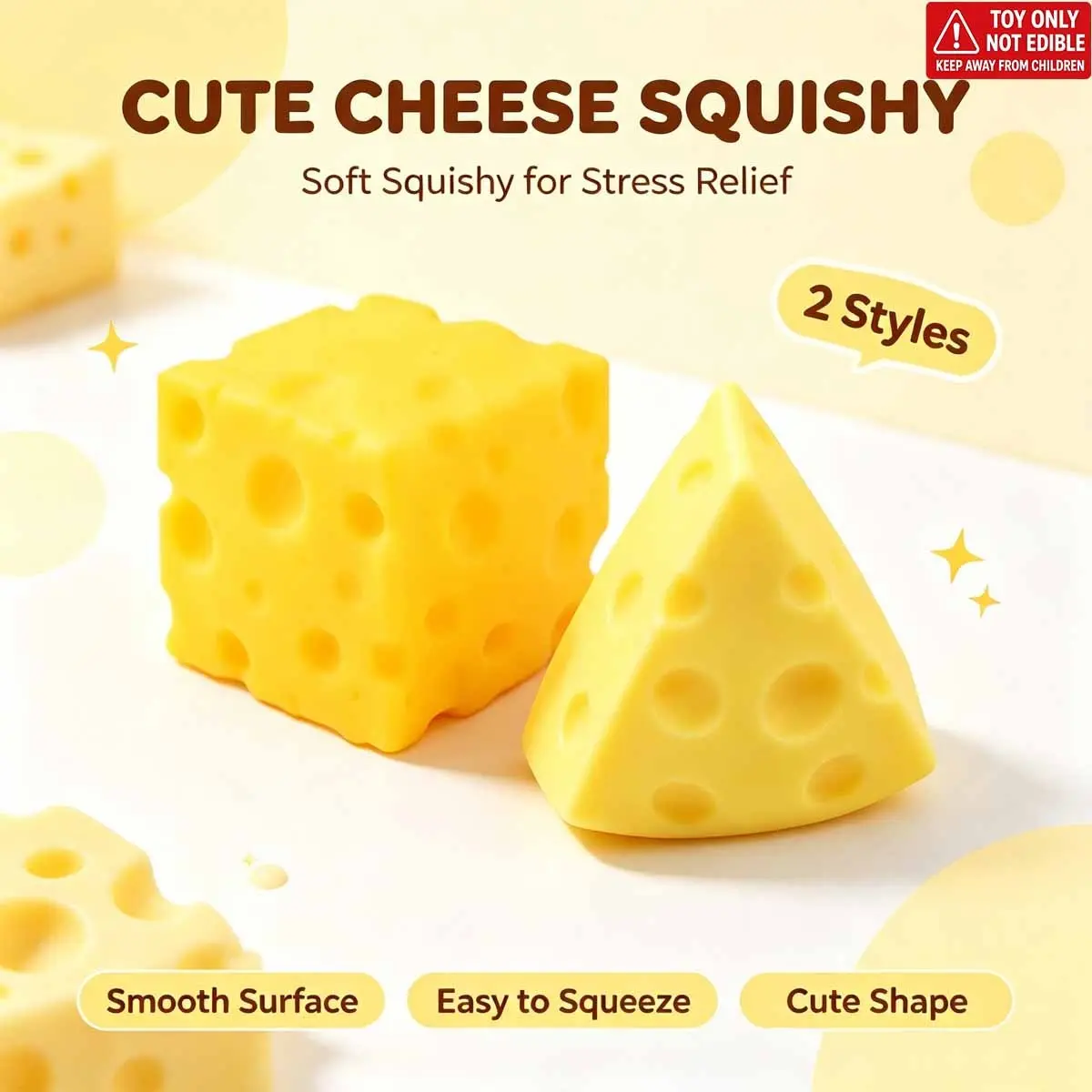Realistic Cheese Shape Squishy Fidget Toys, Square & Triangle Cheese Squeeze Toy, Easy‑to‑Squeeze Anxiety Relief Toy, Novelty Party Prize for Boys Girls, Sensory Stress Reliever