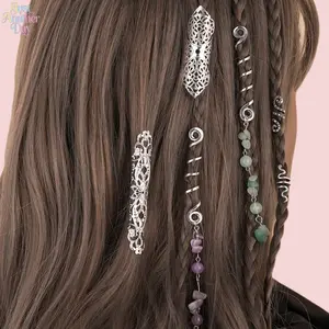 20Pcs Boho Dreadlock Hair Accessories Set, Silver Spiral Hair Cuffs, Natural Crystal Charms & Filigree Beads, Ethnic Style Decorative Hair Rings for Braids, Twists & Ponytails