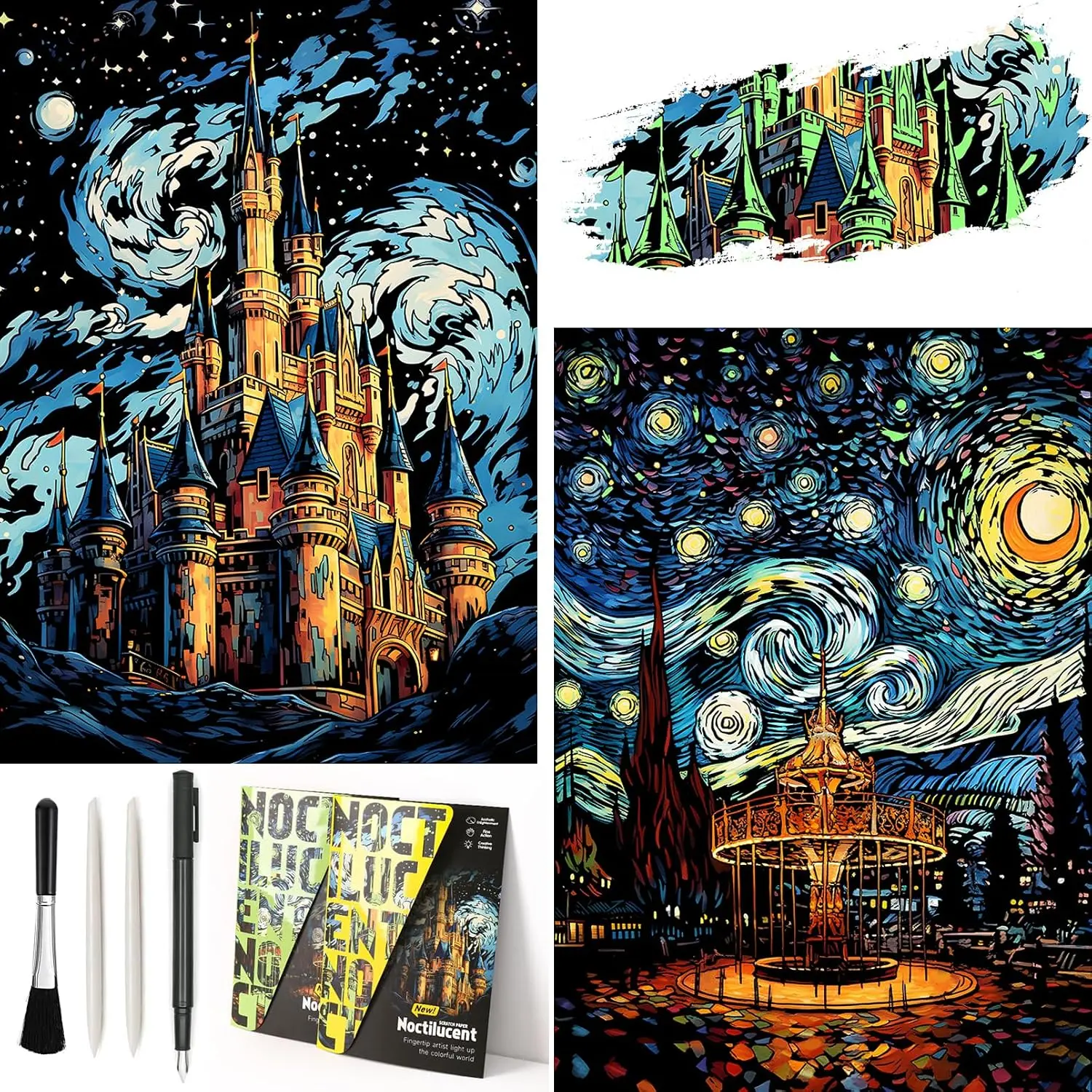 2 Pack Night Glow Scratch Art Rainbow Painting Per, Magic Glow-in-the-Dark Scring, Van Gogh Style Creative Craft Set, Fun DIY  Sketch Card Scratchboard for , Adults (Amusement Park/Castle)
