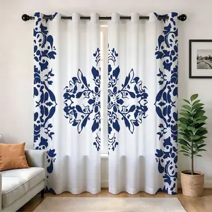 Mediterranean Indigo Floral Blackout Curtains Thermal Insulated Noise Reducing Privacy Drapes for Bedroom & Living Room and Outdoor Sunshade with Grommet Top 2Panels
