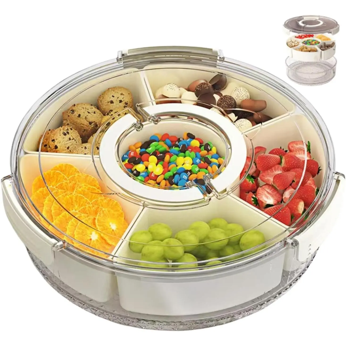 Snackle Box Container Divided Rotating Serving Tray with Lid & Handle, Portable Spinner Organizer for Fruits, Snacks, Veggies, Charcuterie, Suitable for Fridge Storage, Travel & Picnic