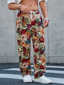 Men's Summer Breathable Multicolor Floral Jacquard Wide Leg Pants, Drawstring Waist Loose Fit, Southeast Asian Four-Season Retro Long Pants