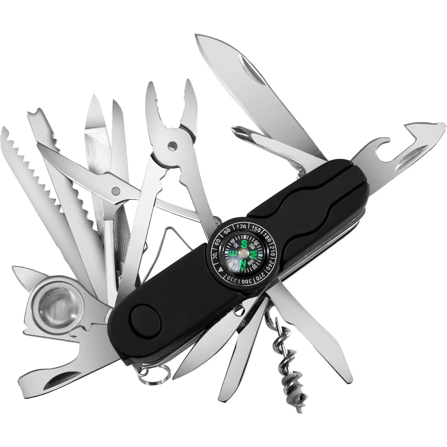30-in-1 Classic Pocket House Hold & Campaign Tool, Premium Tool with Compass Blade, Scissor, Screwdriver, Plier, Magnifying Glass, Tweezer  Christmas Gifts - s - Black