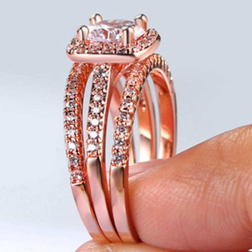 Silver Rose Gold Three-in-One Wedding Engagement Bridal Halo Ring Set