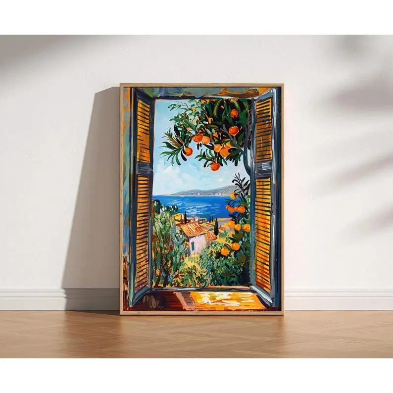 2d flat poster,Henri Matisse Print with Window, Matisse-style Fauvist Painting, Modern Exhibition Print, Mediterranean, Orange Tree, Coastal Scenery