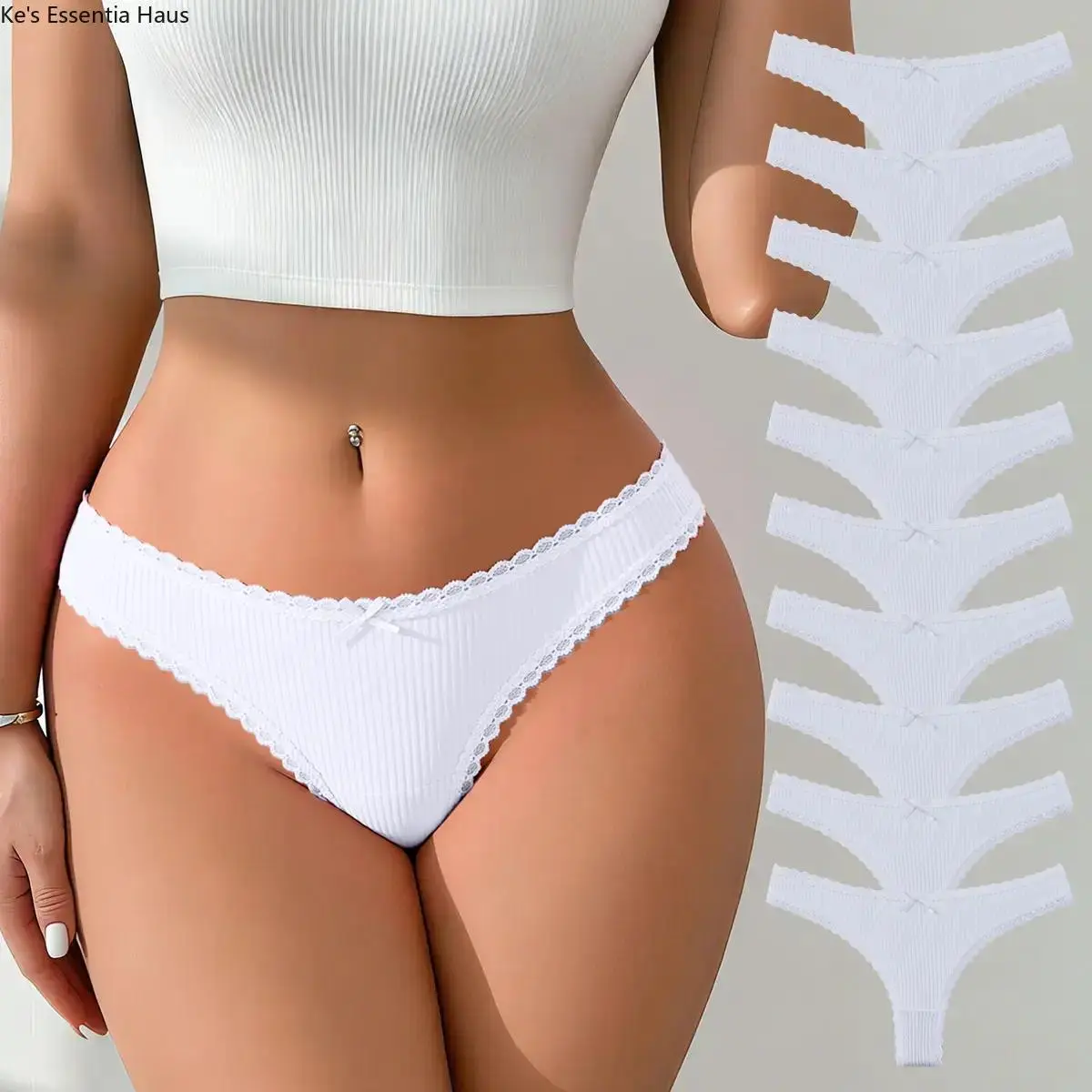 Women's Pure White Lacy Cotton Panties, 5/10-Pack Thong Cut Underwear, Soft Breathable Fabric, Low Waist, Machine Washable, Exquisite Lace Edges, All Seasons Elegant Lingerie (Sports & Outdoor Apparel Companion), Cotton Underwear