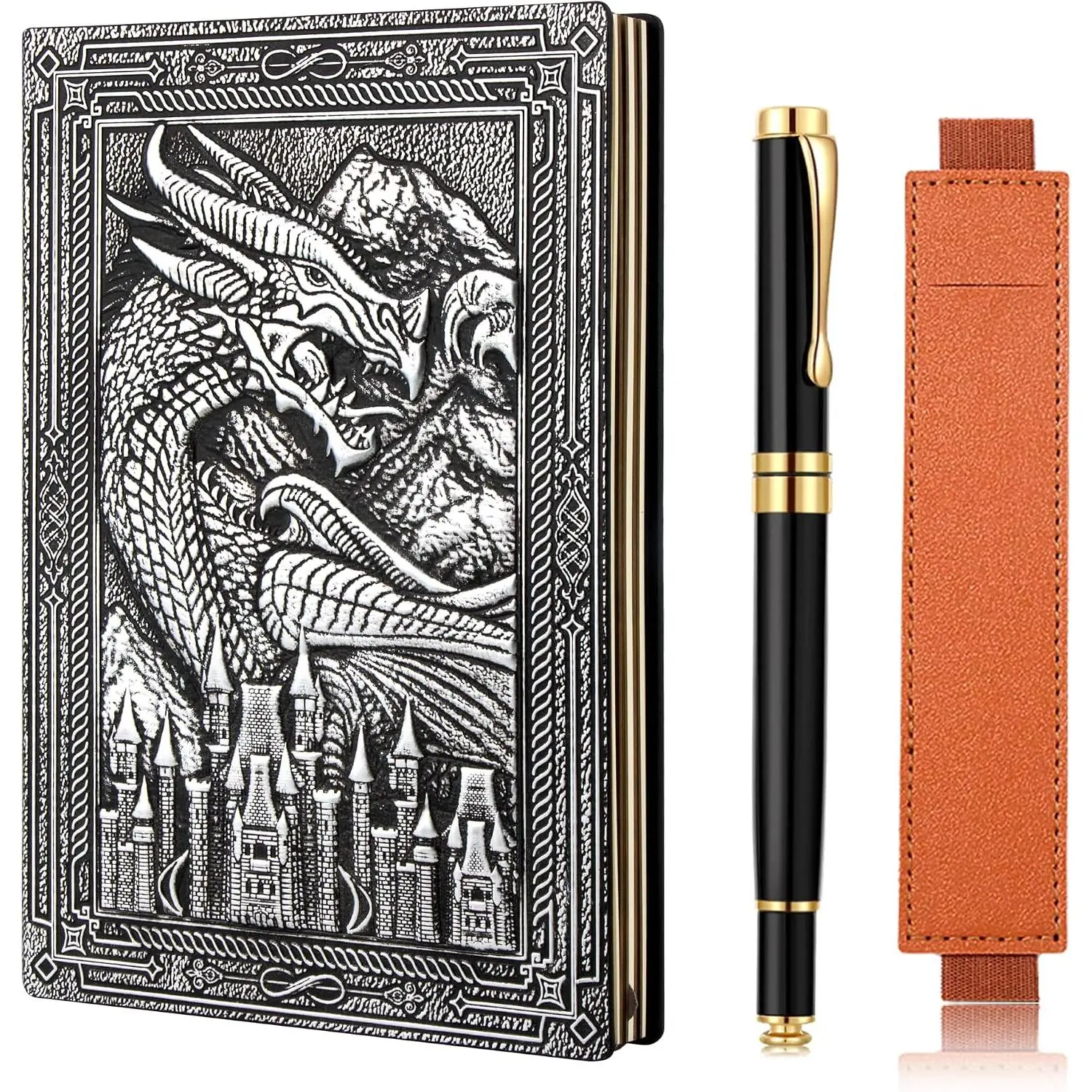 Dragon Notebook,DND Travel Journal with Ballpoint Pen and Pen Sleeve, Embossed PU Leather Journal,Hardcover Liner A5 Daily Writing Notebook  for Men&Women ()