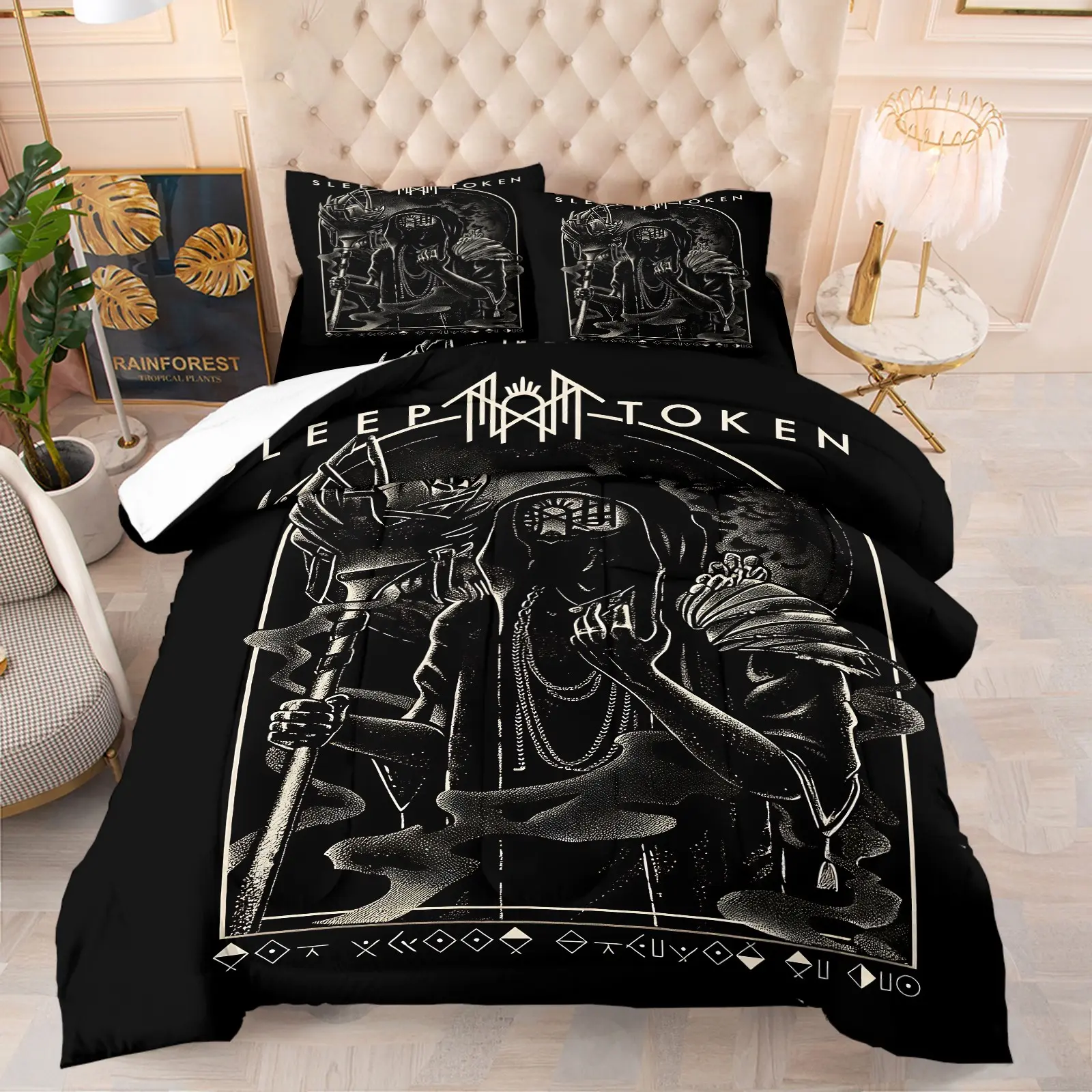 Black Background Sleep Token Band Dark Grim Reaper Graphic Comforter Set, Gothic Rock Music Print, 1 Comforter + 1-2 Pillowcases, Soft Microfiber Washable Bedding, Gothic Metal Band Fan All Season Bedroom Quilt Set