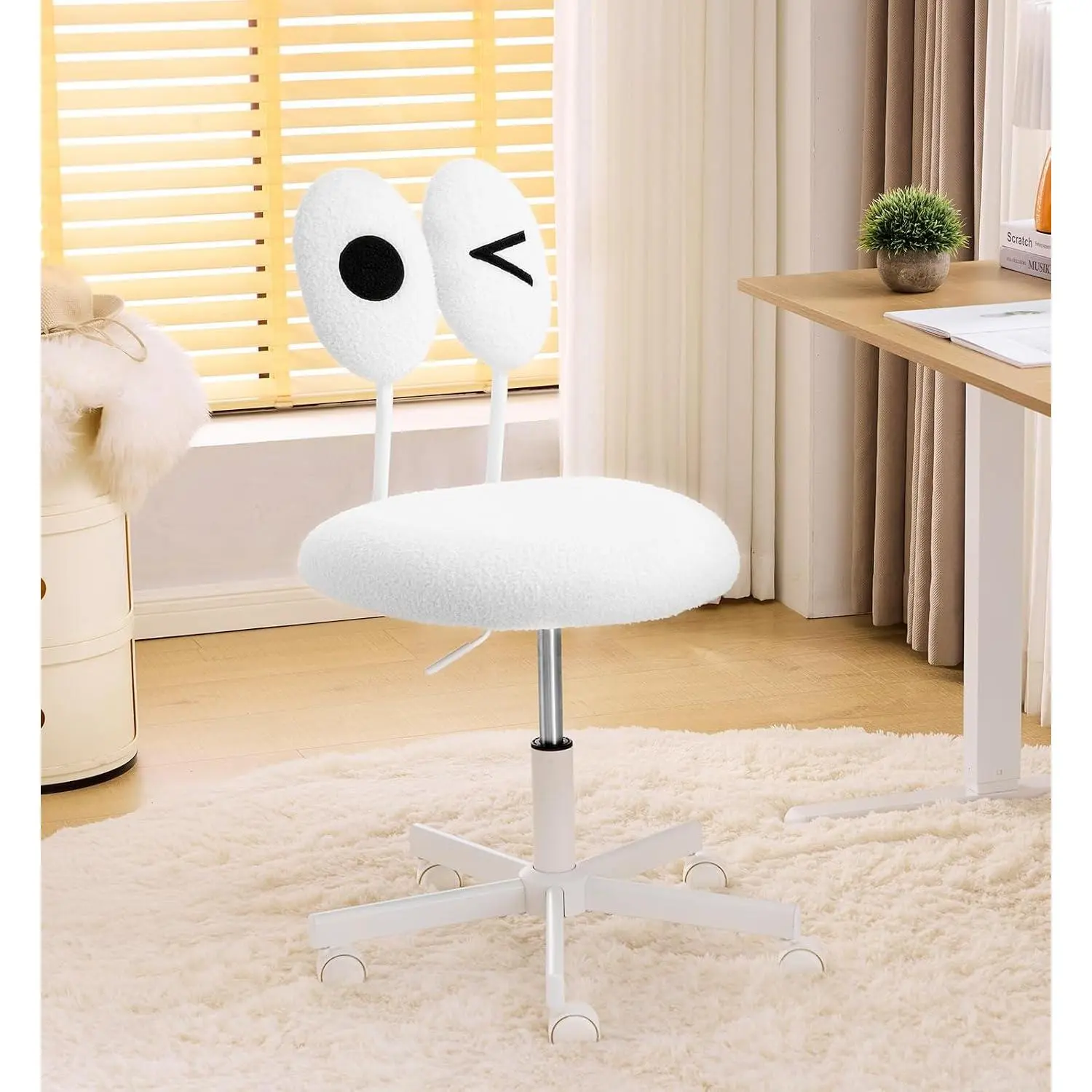 VINGLI Cute Fluffy Armless Vanity Chair with Back, Small Teddy Comfy Desk Chair with Wheels for Girls, Height Adjustable Makeup Chair with Cartoon Designs , Bedroom, Dorm& Living Room