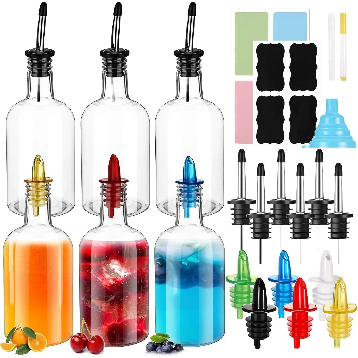 6 Set 16 oz Plastic Long Neck Bottles with Rainbow Pourer and Caps Plastic Juice Pour Bottles with Stainless Steel Pourer Tapered Spout Syrup Pourers for Liquor Juice Store