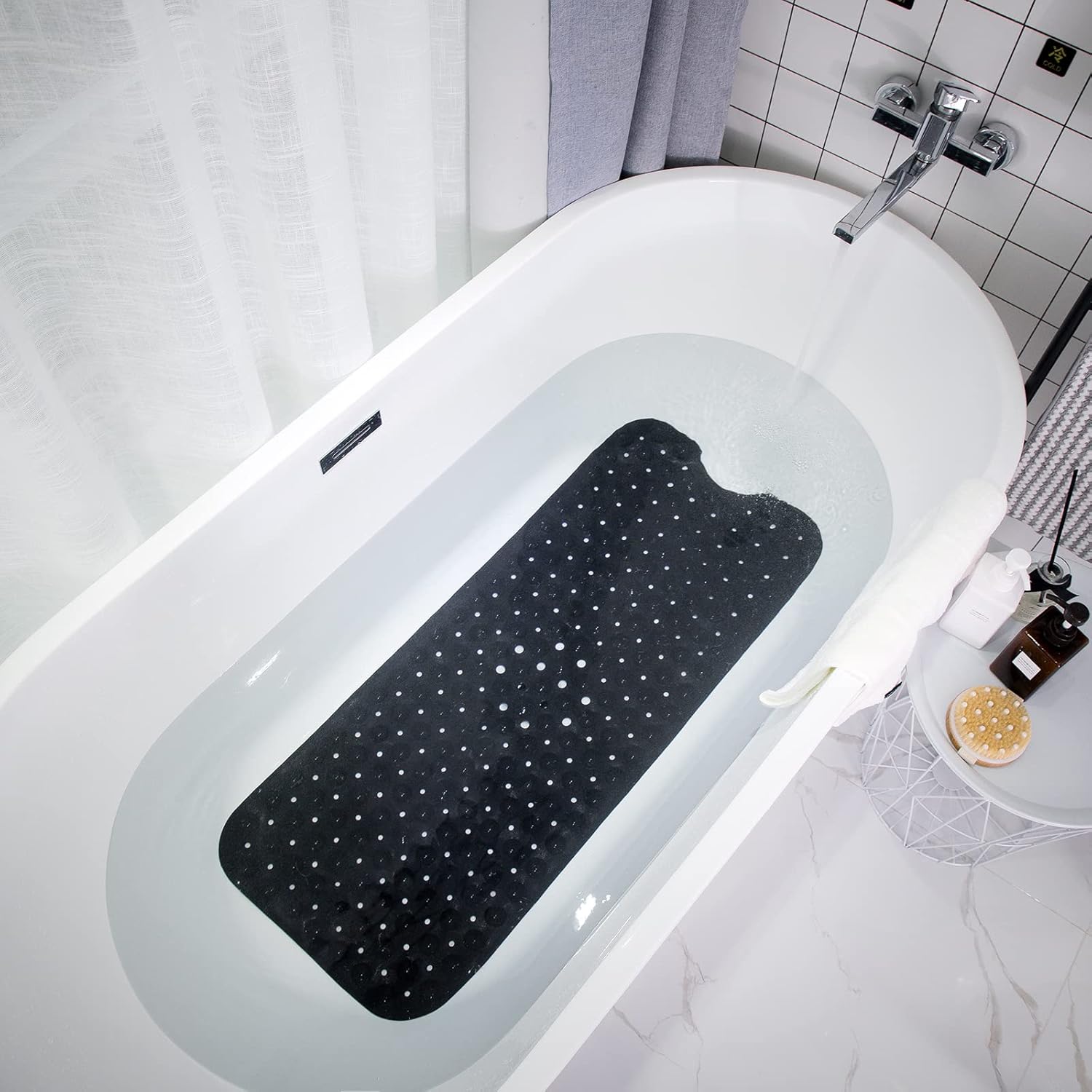 Extra Long Non-Slip Bath Mat 100x40 Cm, Tub Pad with Suction Cups and Drain Holes, Bathroom Accessory
