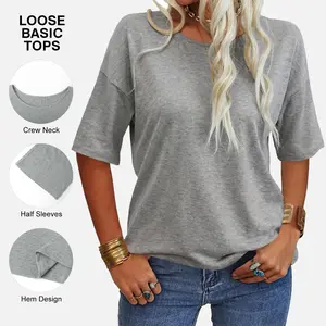 PiePieBuy Women's  Soft Round Neck Basic Tee Half Sleeve Lightweight Solid Color Loose Fit Minimalist Top Casual Comfortable Simple Womenswear shirts