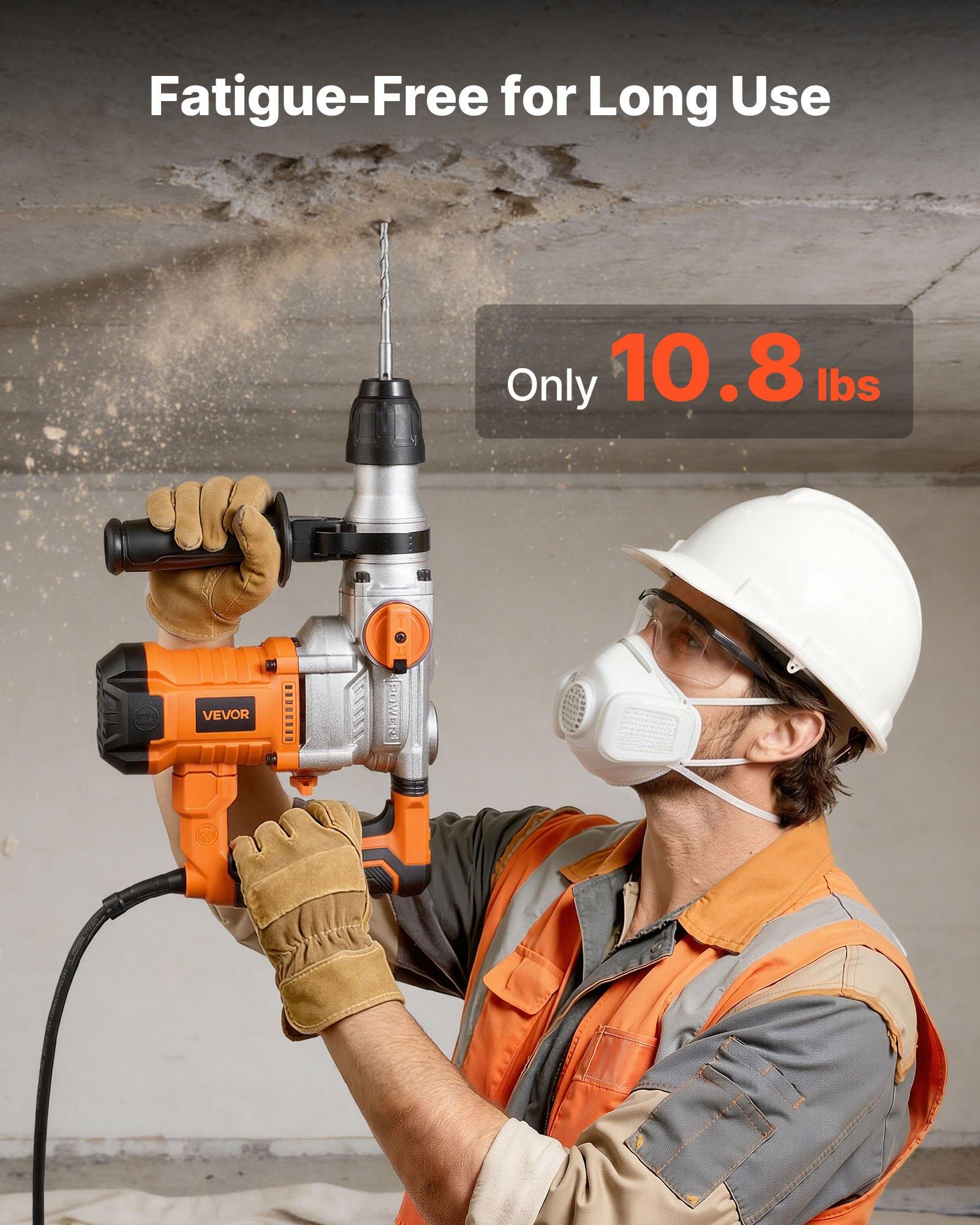 VEVOR Rotary Hammer Drill, 1-1/8 in SDS-Plus Electric Corded Heavy Duty Rotary Hammer, Including 3 Drill Bits, Flat Chisel, Pointed Chisel, Grease, Brush, and Carrying Case, for Concrete and Masonry VEVOR Rotary Hammer Drill, 1-1/8 in SDS-Plus Electric Corded Heavy Duty Rotary Hammer, Including 3 Drill Bits, Flat Chisel, Pointed Chisel, Grease, Brush, and Carrying Case, for Concrete and Masonry