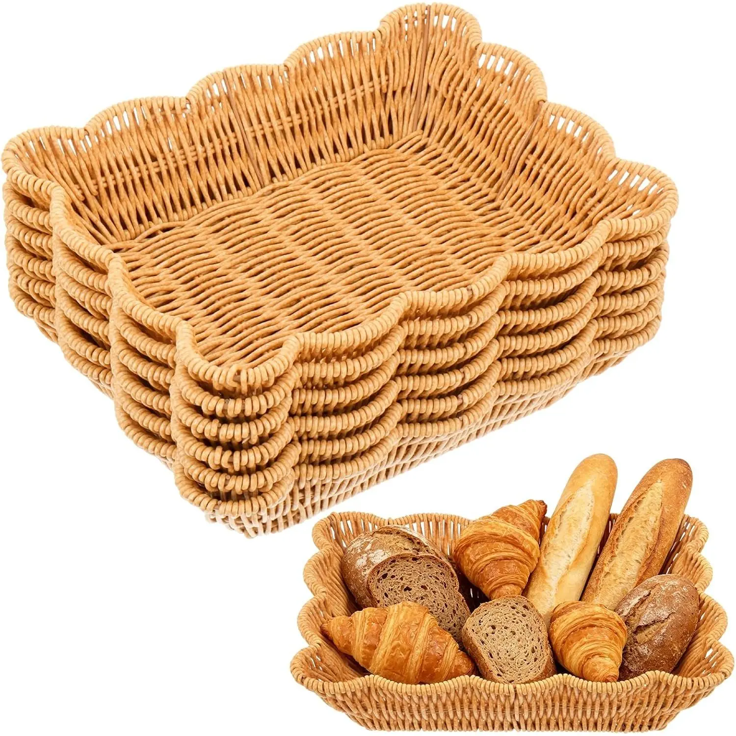 6-Pack Brown Wavy Imitation Rattan Bread Baskets - Rectangle-Shape Rattan Weave Food Serving Storage Baskets, Stackable Home Organizer Trays for Family Gatherings, Outdoor Picnics