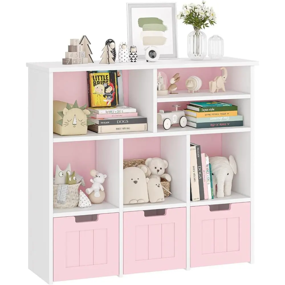 Gaomon White White Toy Storage Cabinet, Children's Toy Shelf with 3 Movable Drawers & 6 Cubes & Hidden Wheels, Kids Bookshelf Bookcase Toy Storage Organizer