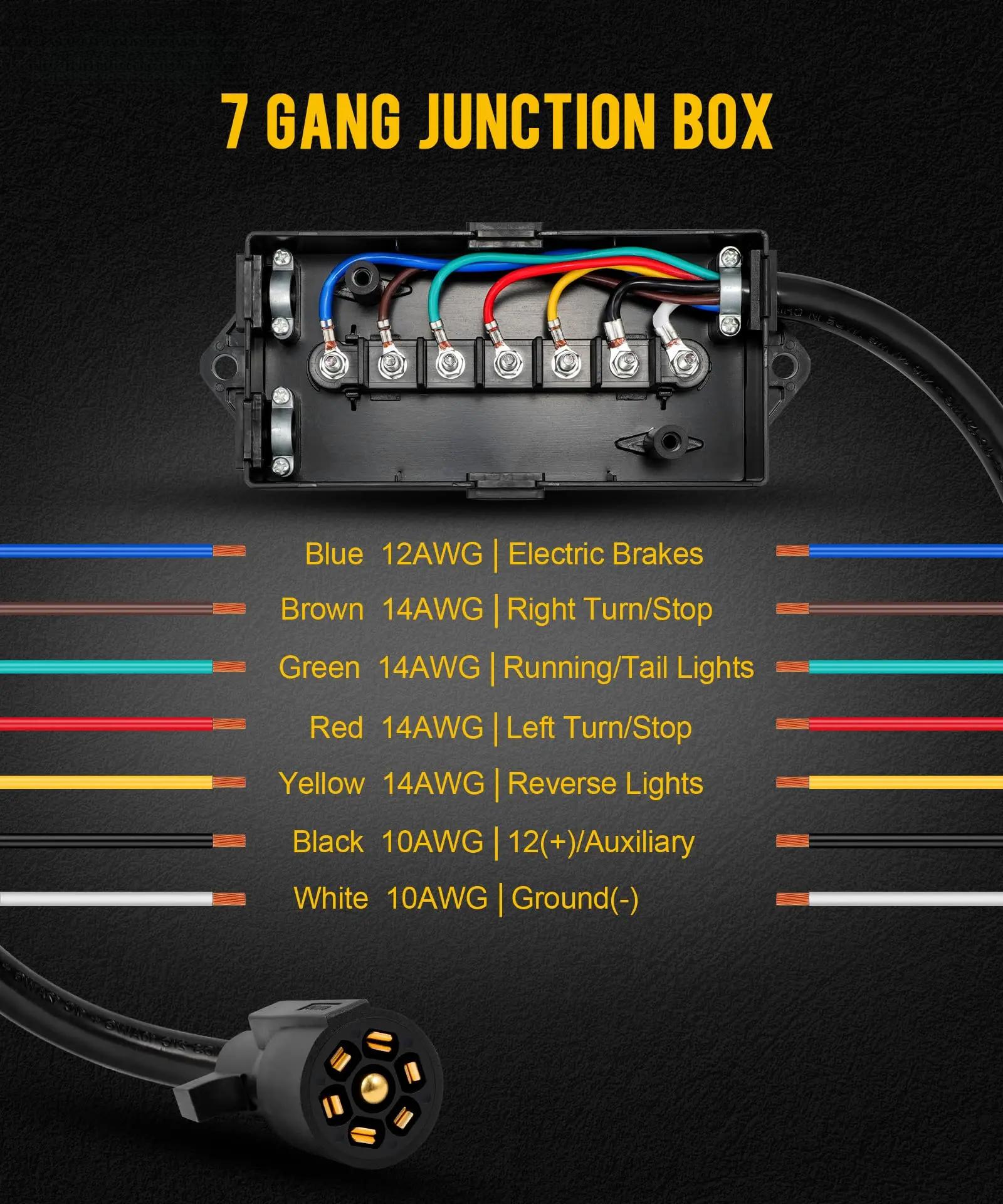 7 Way Trailer Wiring Harness Kit 8ft Trailer Cord with 12V Breakaway Switch and Plug Holder, 7 Gang Junction Box Waterproof