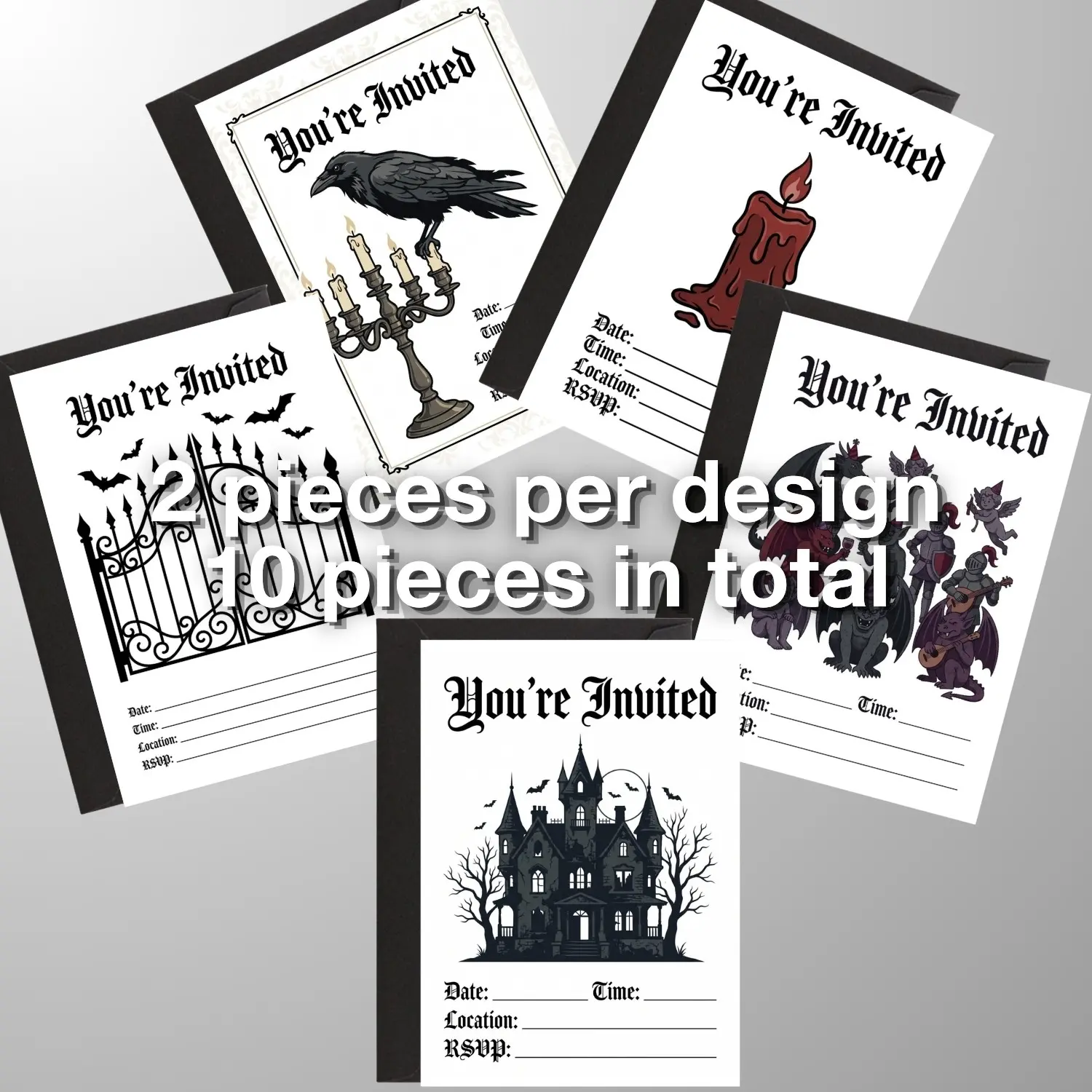 Gothic Adult Halloween Party Invitations Set, 5x7" Vintage Gothic Theme, 10 Pack Blank Fill-In Cards with Envelopes, Perfect for Events