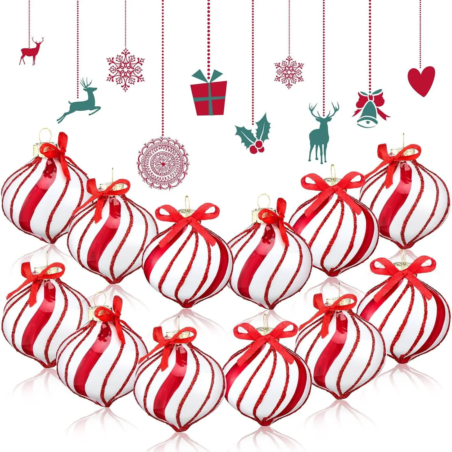 12 count Red and White Christmas Ornaments Xmas Tree Peppermint Candy Striped Balls Glass  Ornaments Bulk Christmas Tree Party Decorations for Indoor Outdoor Holiday Decor