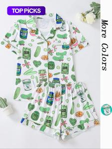 2-piece vegetable print women's pajama set, button-up short sleeve top and comfortable shorts, elegant sleepwear for all seasons