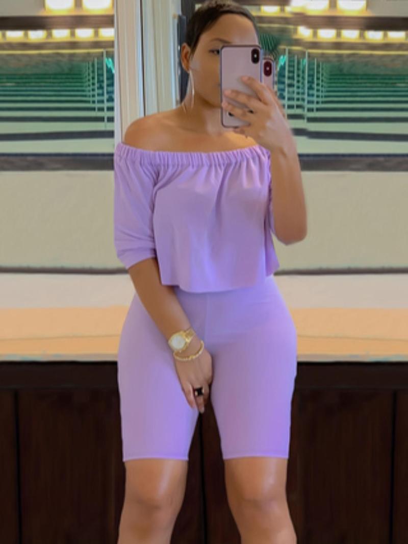 Women's Solid Ruched Off Shoulder Crop Top & Elastic Waist Shorts Set, Casual Fashion Half Sleeve Top & Skinny Shorts, Ladies Summer Clothes