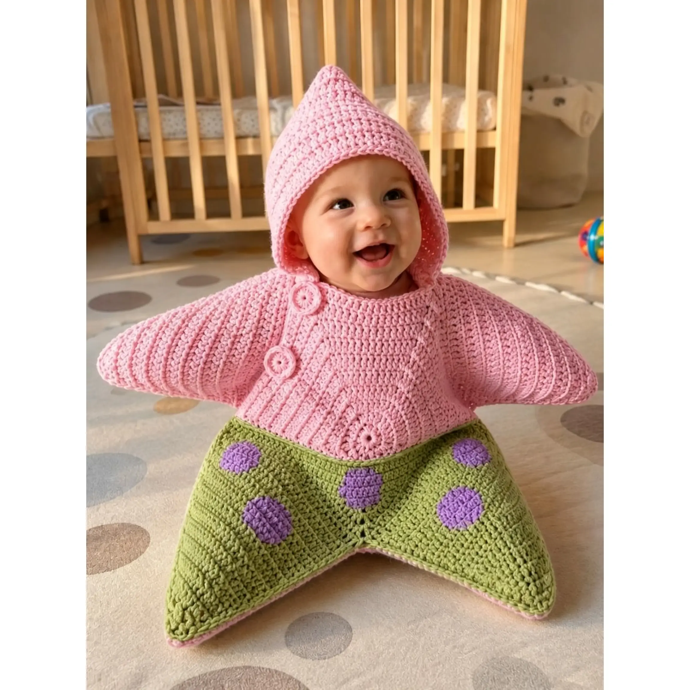 Cute Pink and Green Star Baby Crochet Outfit, Handmade Knit Swaddle Wrap Costume Set for Newborn and Infant, One Size Baby Shower Gift for Nursery