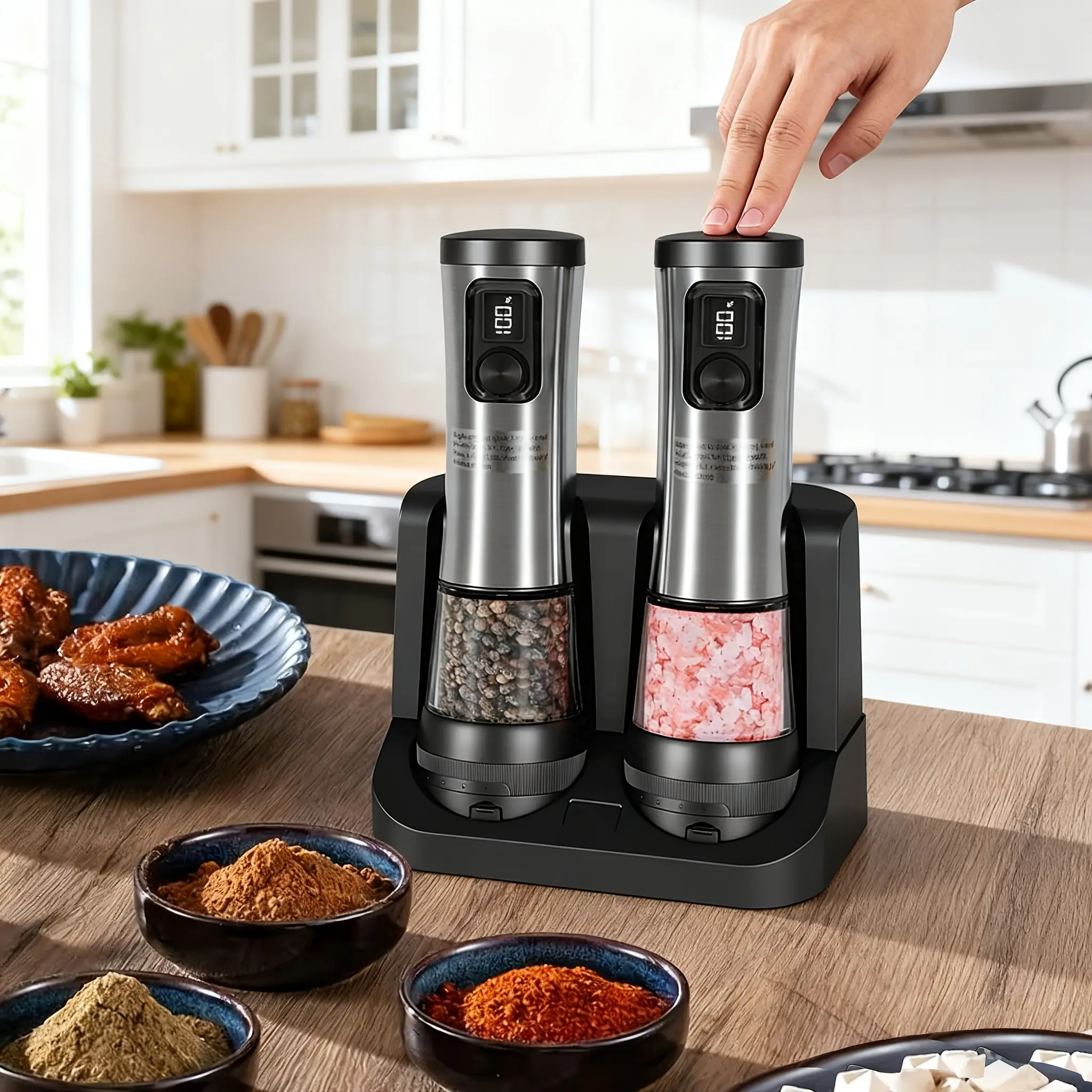 2PCS Automatic Grinder, USB Rechargeable with Digital Display, Adjustable Thickness, Large Capacity, Easy to Clean, Suitable for Kitchen, BBQ, Camping, Ideal Gift