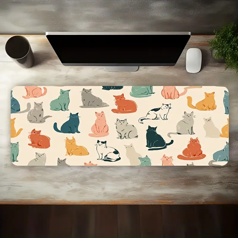 1 piece of e-sports gaming mouse pad, hand-painted cat with various poses in a retro art style, non-slip, washable rubber bottom desk mat, office desk accessory, computer decoration accessory, desktop decoration, dirt-resistant gaming mouse pad, ideal gif