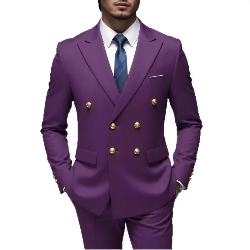 Men's Luxury Double Breasted Peak Lapel Slim Fit 2 Piece Suit Set Jacket Pants Elegant Fashion Outfit