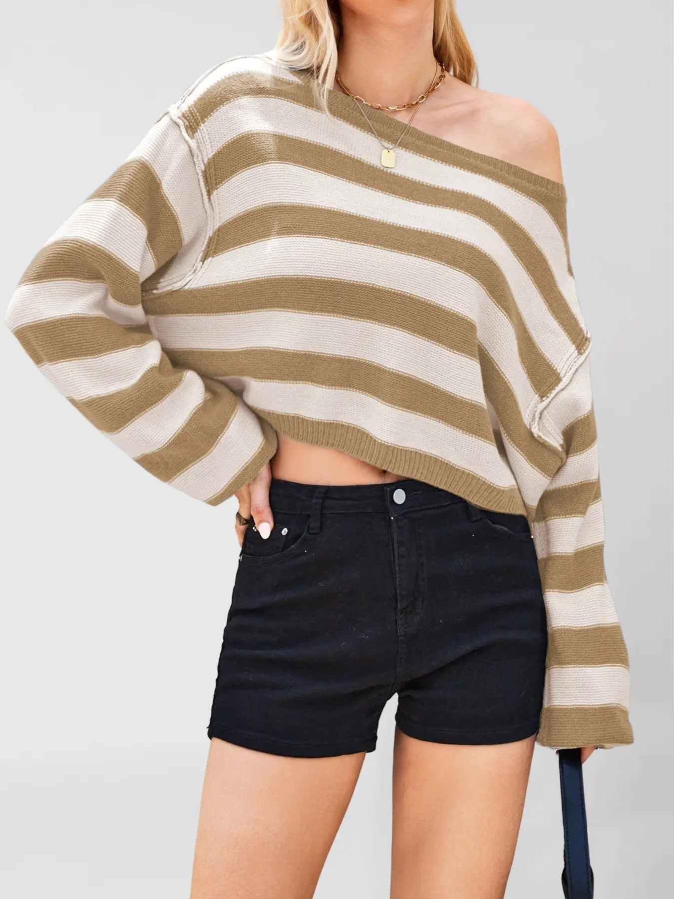 Women's One-Piece Striped Knit Sweater Long Sleeve, Off-Shoulder/sloping Shoulder Design, Suitable for Spring, Autumn, Winter, Home, Indoor, Outdoor, Commute