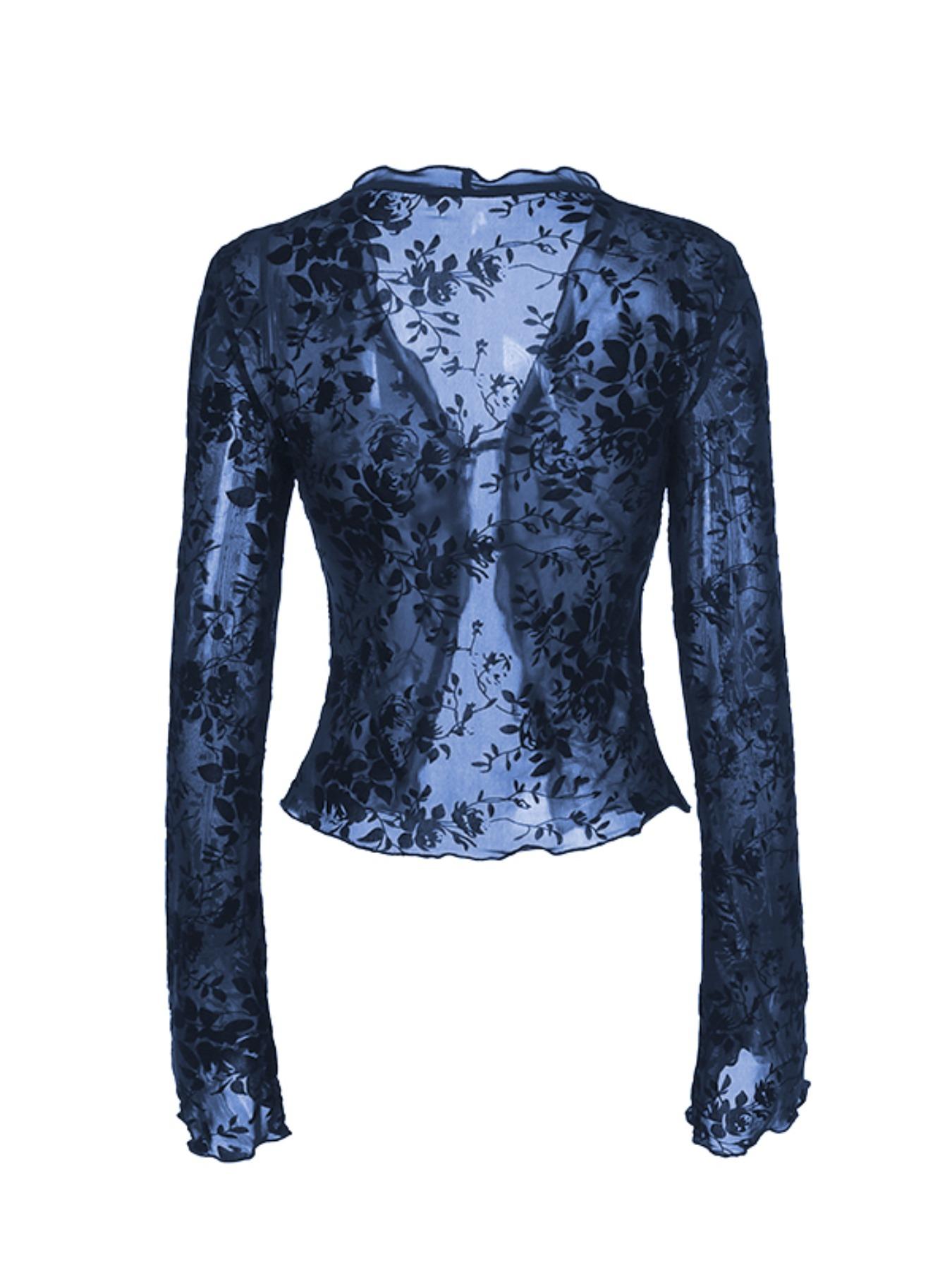 Women's Plain Floral Print Tulle Top Blouse, Classy Elegant Slim Long Sleeve Top for Summer, Ladies Clothes for Daily Wear