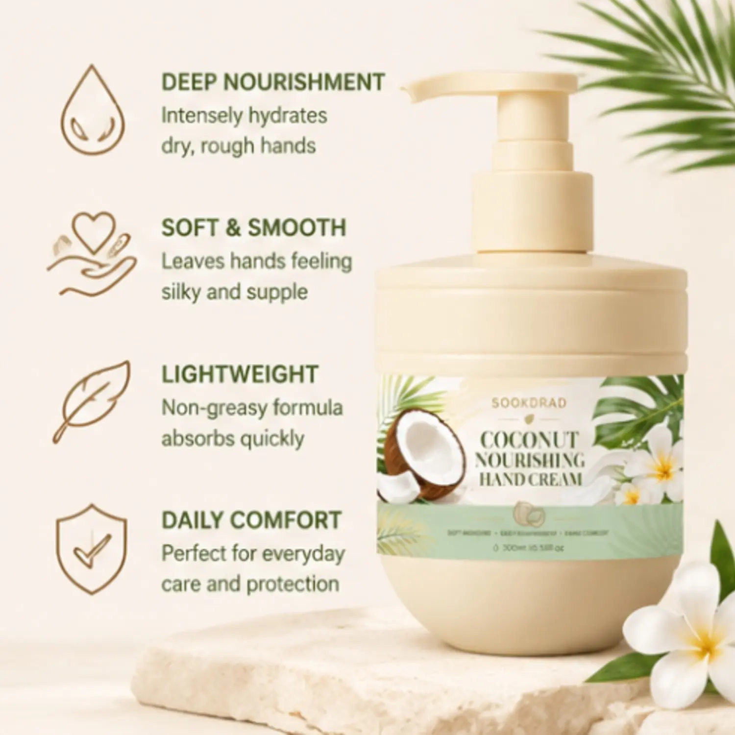 Coconut nourishing hand cream, coconut ingredient, soft moisture, deep nourishment, hand comfort, for hands, 10.58fl oz, daily hand care, 300ml