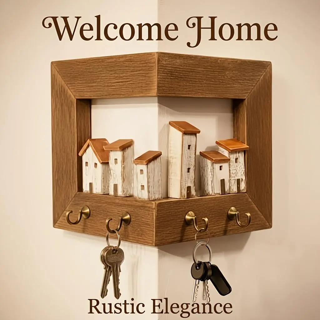 Rustic Wall Mounted Key Rack with 4 Hooks, Solid Entryway Organizer, Farmhouse Style Wall Storage Holder for Keys, Jewelry and Small Crafts, Easy to Install, Decorative Wall Ornament for Hallway & Bedroom, Practical Home Gift