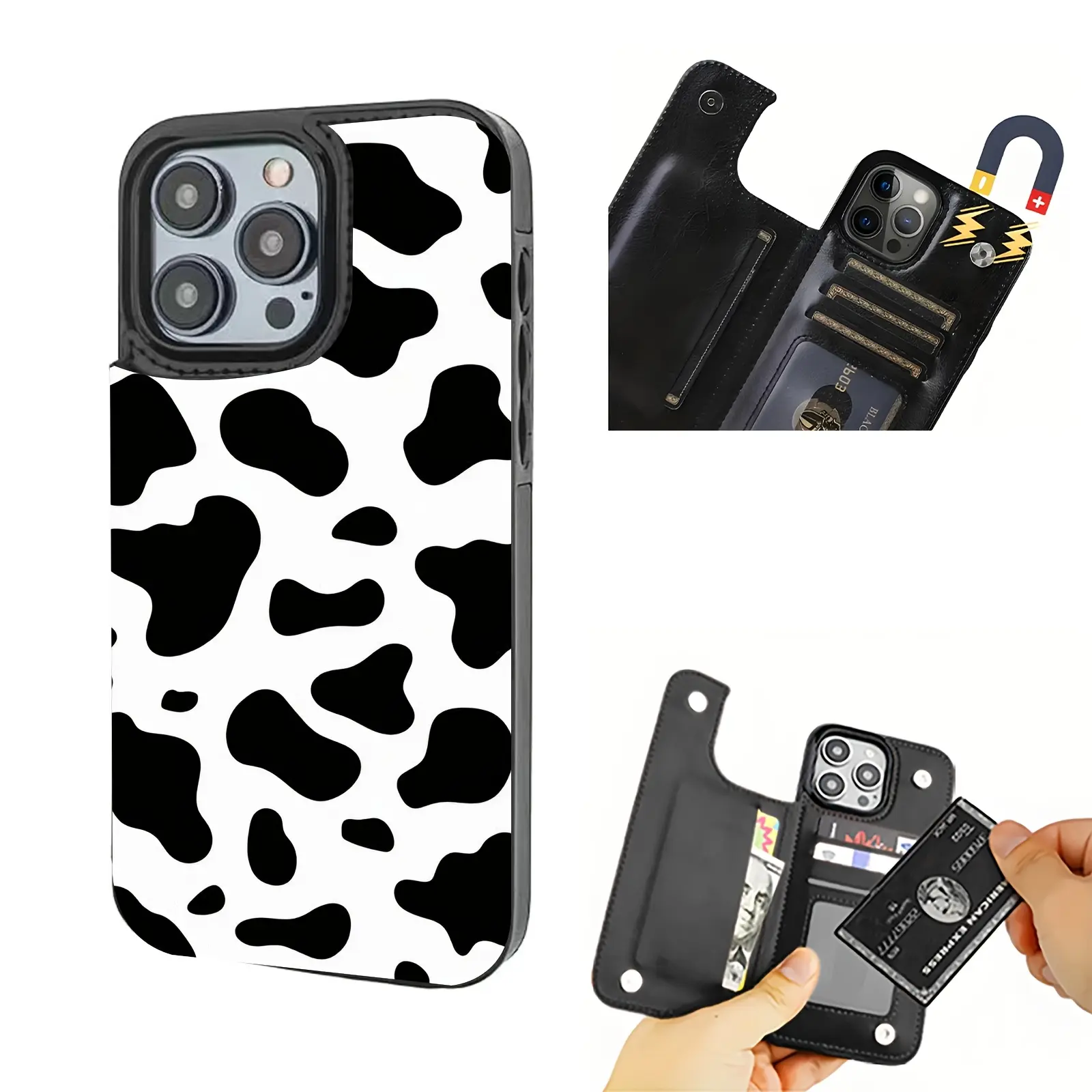Mobile phone case: suitable for iPhone 17 Pro Max, 17Air, 16Pro, 15, 14Plus, 13, 12. Trendy cow pattern mobile phone case, can store credit cards, room cards