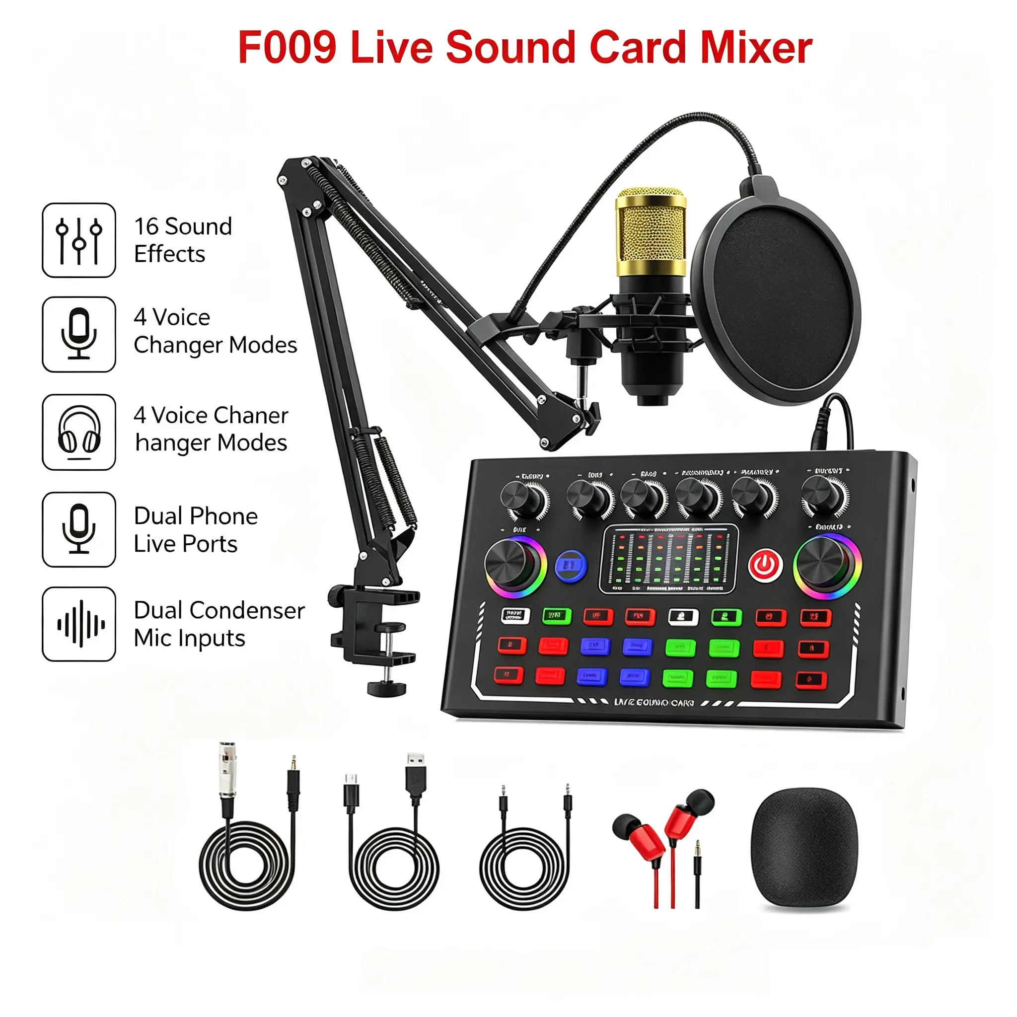 F009 live sound card mixer, Sound card kit, with BM800 condenser microphone set, 16 sound effects, 4 speech conversion modes, dual mobile live ports and dual condenser microphone interfaces, Bluetooth mixer for TikTok, YouTube, podcast, karaoke
