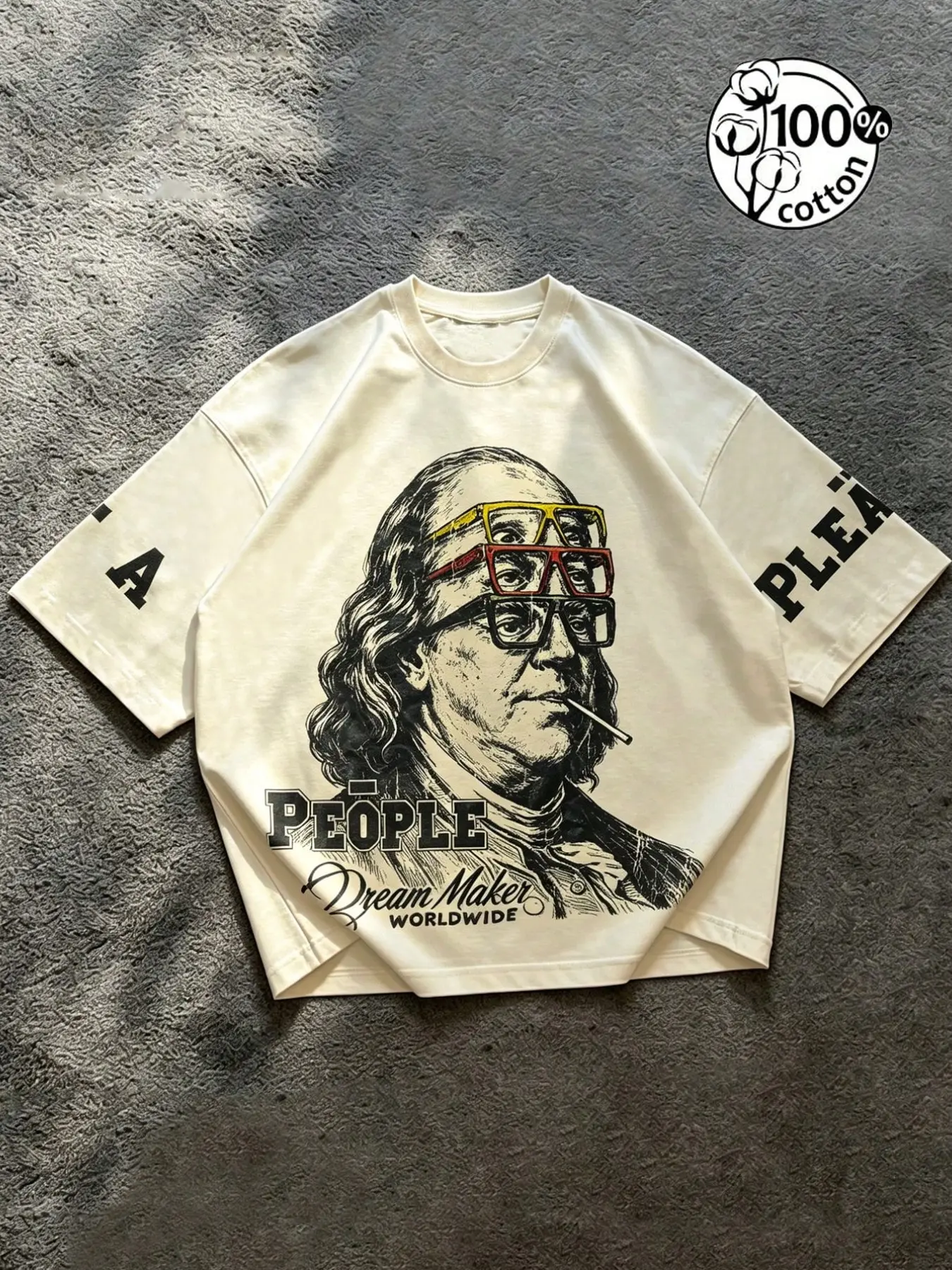 Men's Drop Shoulder Loose Fit Short Sleeve T-Shirt, Benjamin Franklin Print, 100% Cotton, Y2K Street Style, Casual Daily Wear