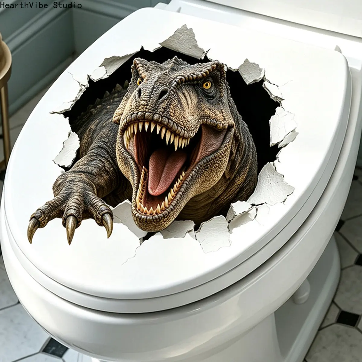2D Dinosaur Removable Vinyl Toilet Lid Sticker - Funny T-Rex Broken Wall Design, Halloween Gag Gift, Camping Bathroom Decor