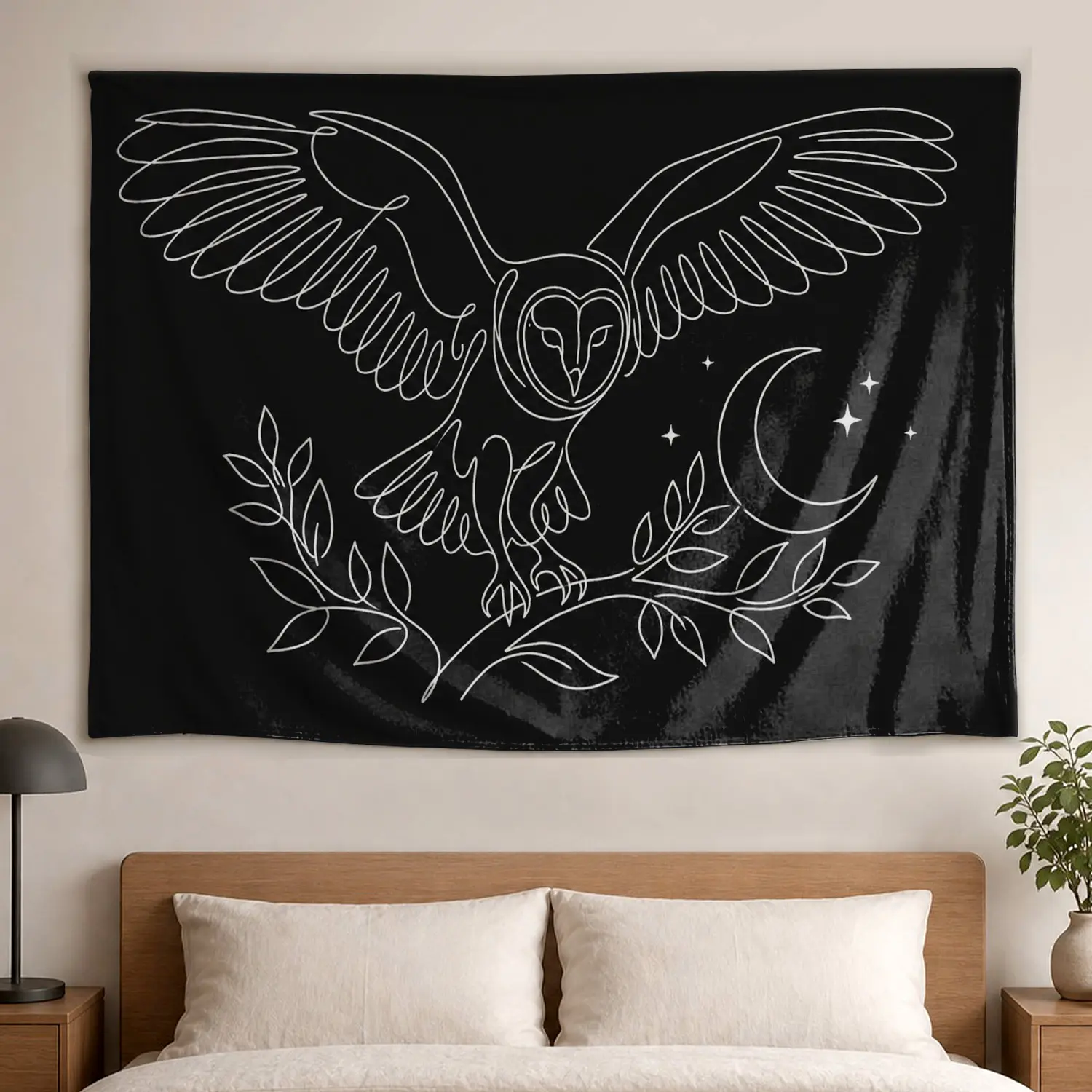 Minimalist Owl Moon Line Art Large Horizontal Print Wall Tapestry - Polyester Decor Artwork, Easy-Install Large Wall Hangings for Bedroom Room Decor, Indoor-Outdoor Gift for Family, Bedroom Inspo