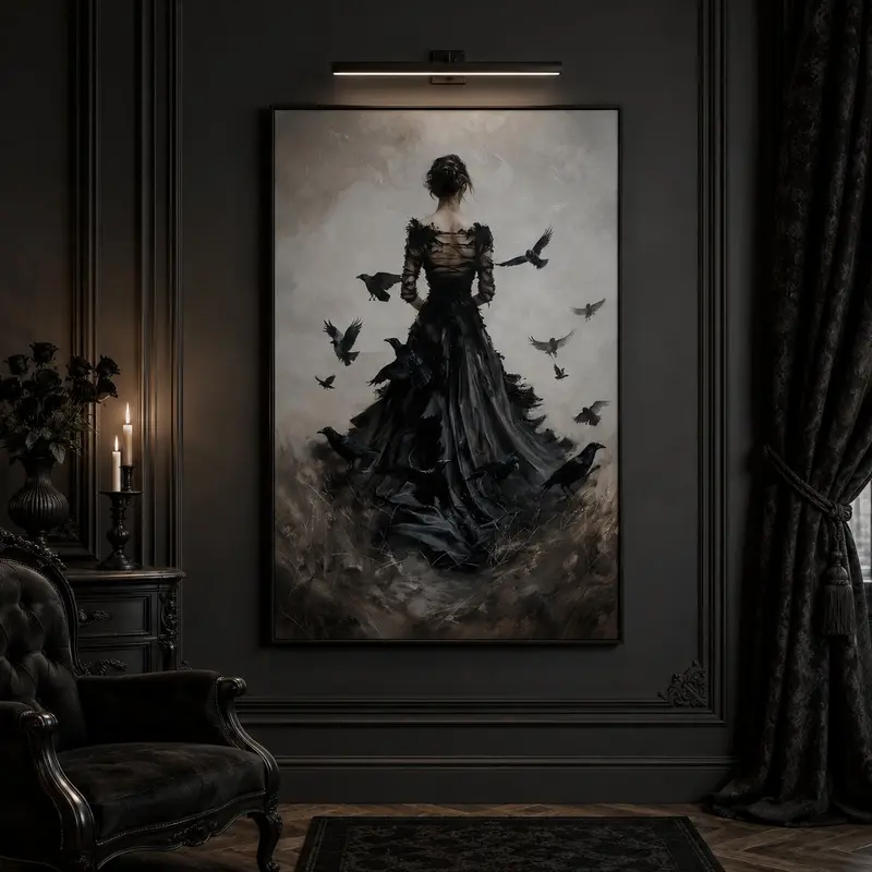 Lady of the Crows Dark Gothic Art Print - Framable Gothic Style Artwork for Walls, Black Frame Framed Wall Art, Unique Artwork Victorian Witchy Bedroom Decor, Raven Crow Poster, Dark Academia Wall Decor, Gothic Living Room, Witch Lover Gift