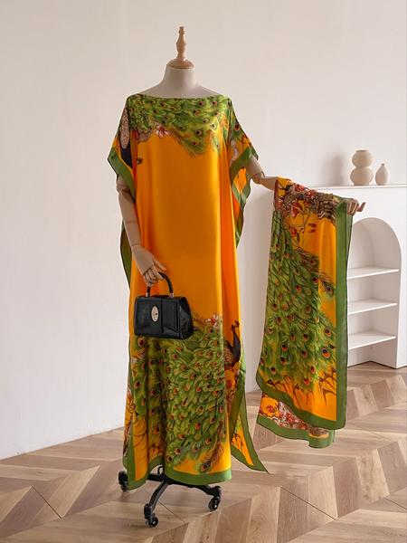 Women's Fashion Print Long Robe Set, Moomoo Dress + Scarf Headband, Casual Woven Fabric, Thin All-Season Wear, Beach Sun Protection