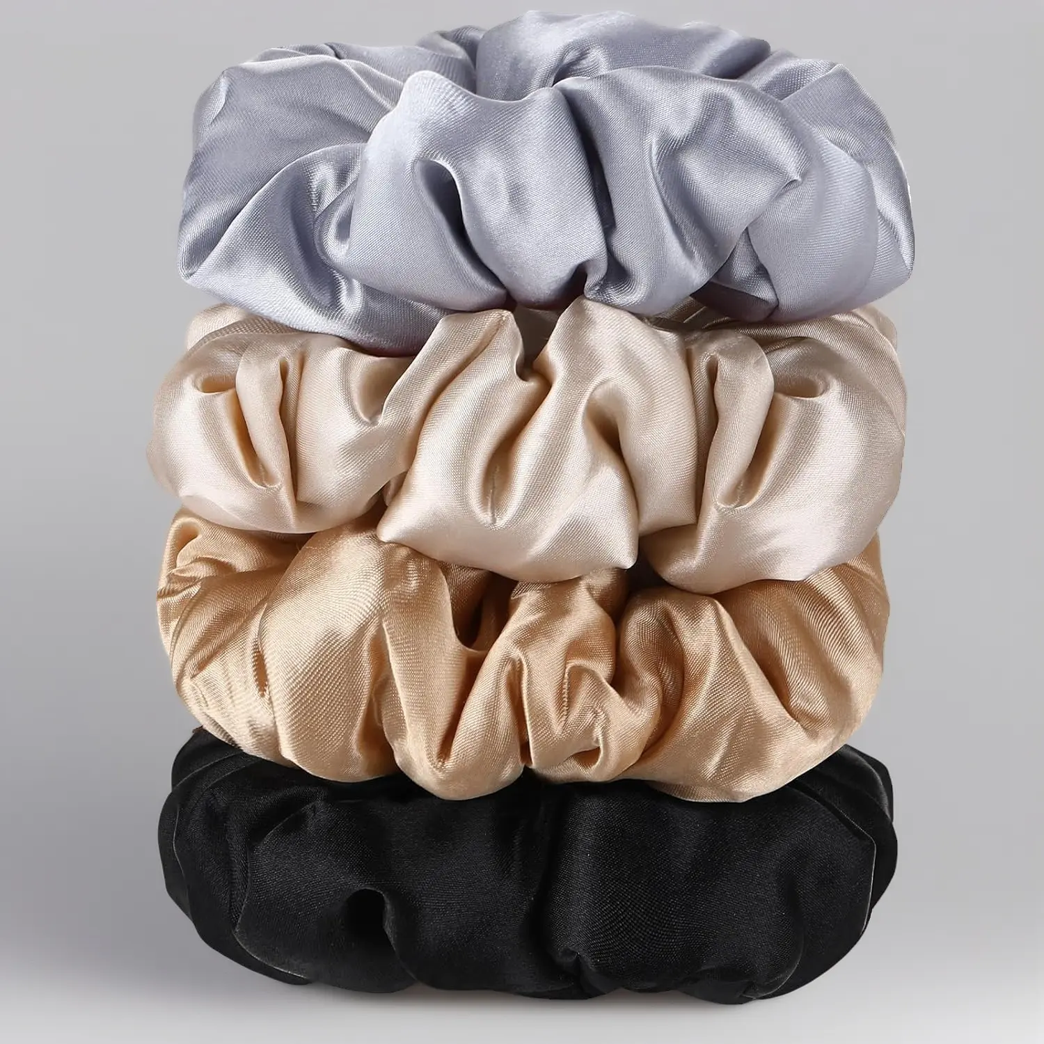 Women's 4-Pack Large Multi-Colored Satin Scrunchie Kit - Big Pillow-Shape Ponytail Holders, Gentle Hair Ties for Thick Hair, DIY Craft Project Accessory