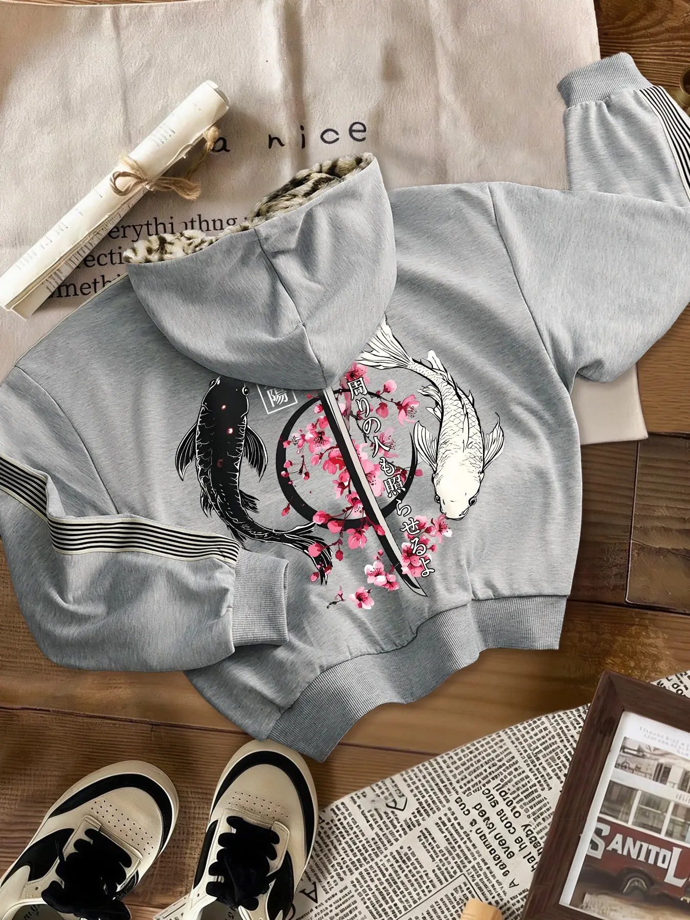 Leopard Print Fleece Lined Hoodie, Japanese Koi Cherry Blossom Print, Drop Shoulder Thick Hooded Sweatshirt, Teen Boys Daily Wear