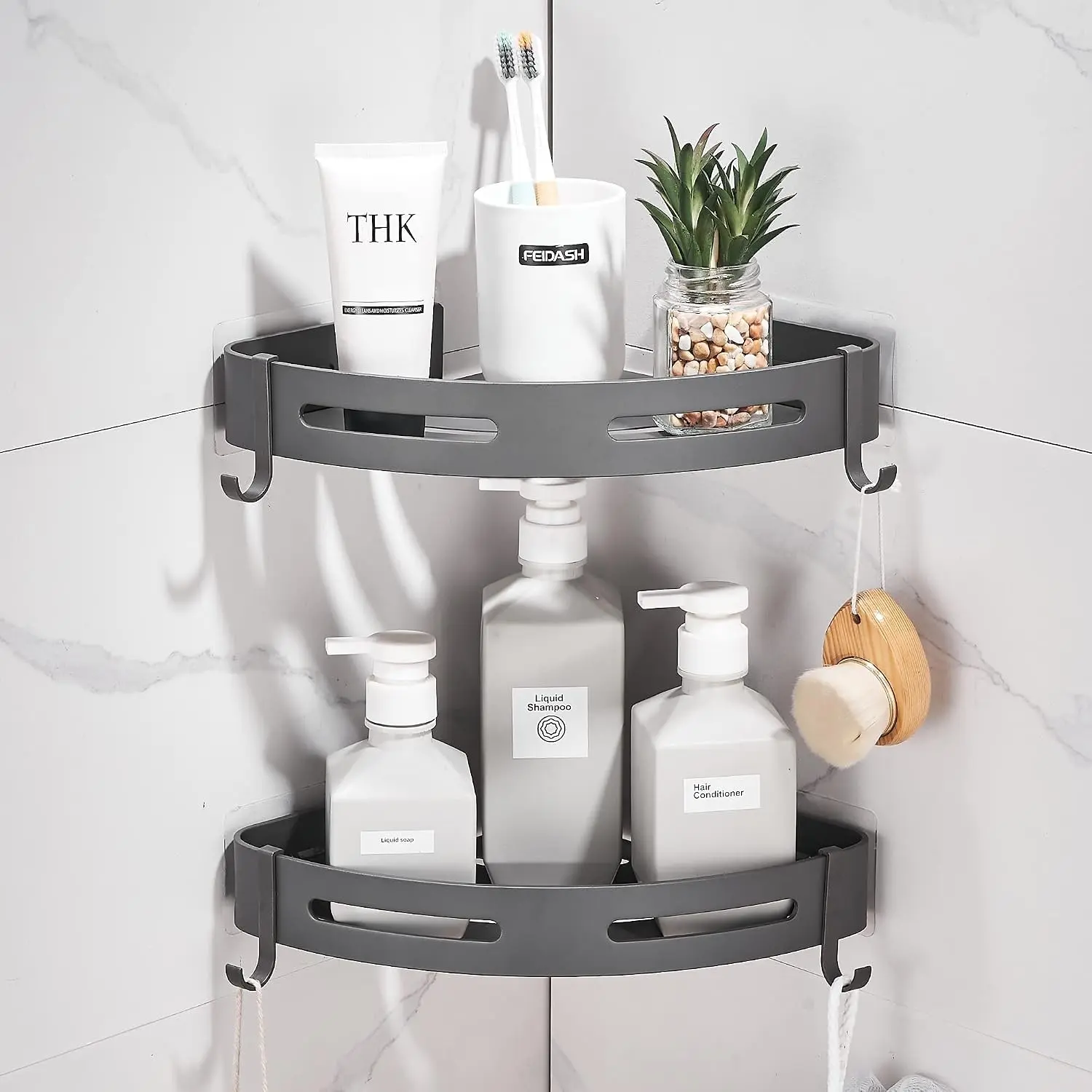 2-Tier Corner Shower Shelf, Dark Grey | No Drilling Bathroom Shelves Shower Caddies Adhesive Bath Corner Shelf Wall Mounted Bathroom Shower Caddy Organizer