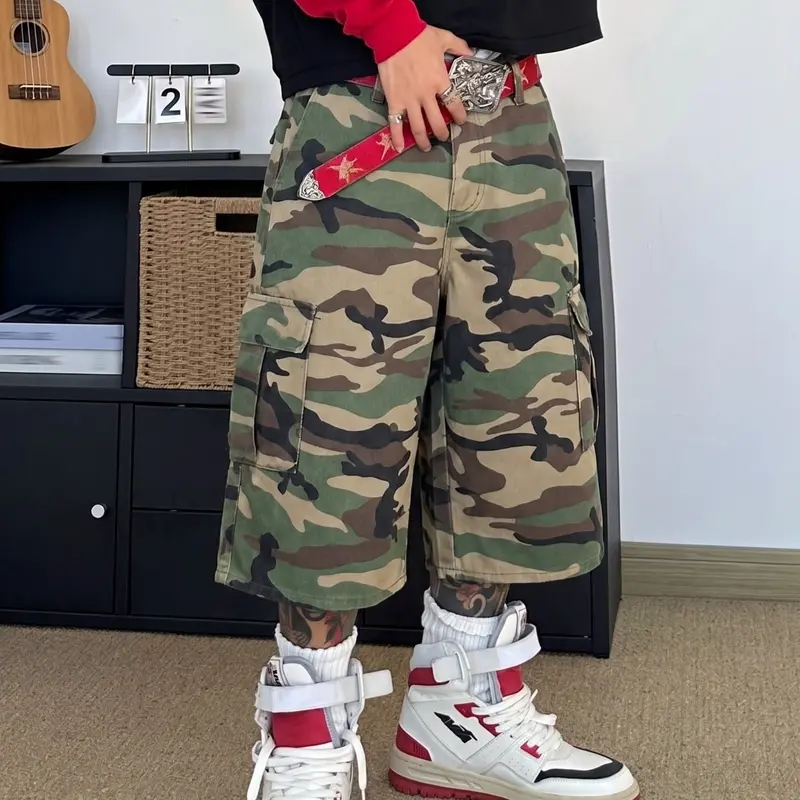 Men's Vintage Camo Print Camouflage Loose Fit Oversize Cargo Shorts, Multi-Pocket Wide Leg Mid-Knee Seven-Eighths Pants, Y2K Hip Hop Streetwear Casual Shorts, Menswear