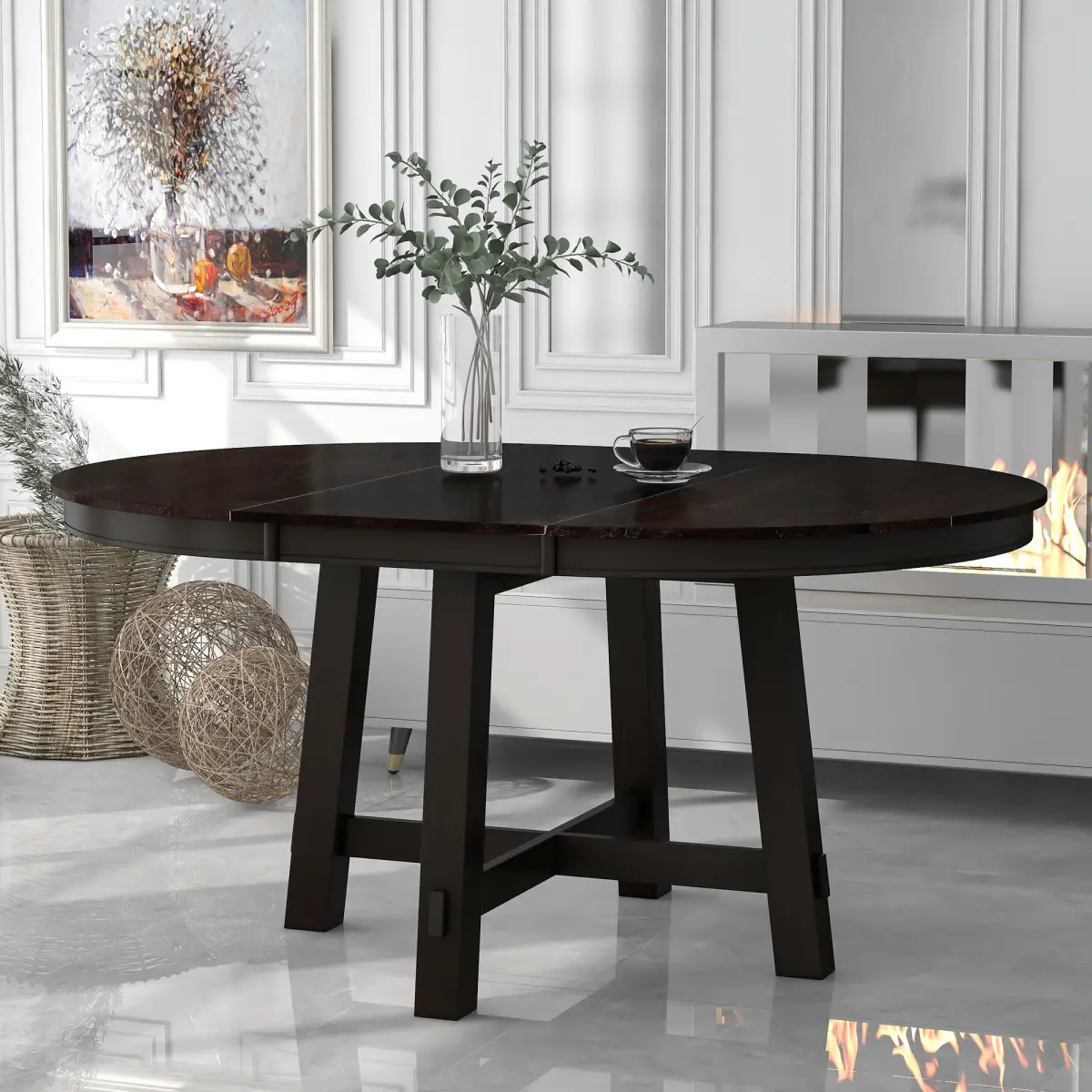 Espresso Farmhouse Round Extendable Dining Table, 16" Leaf Wood Kitchen Table, Adjustable 42"-58" x 42"w x 30"h, 300 lbs Capacity, Assembly Required