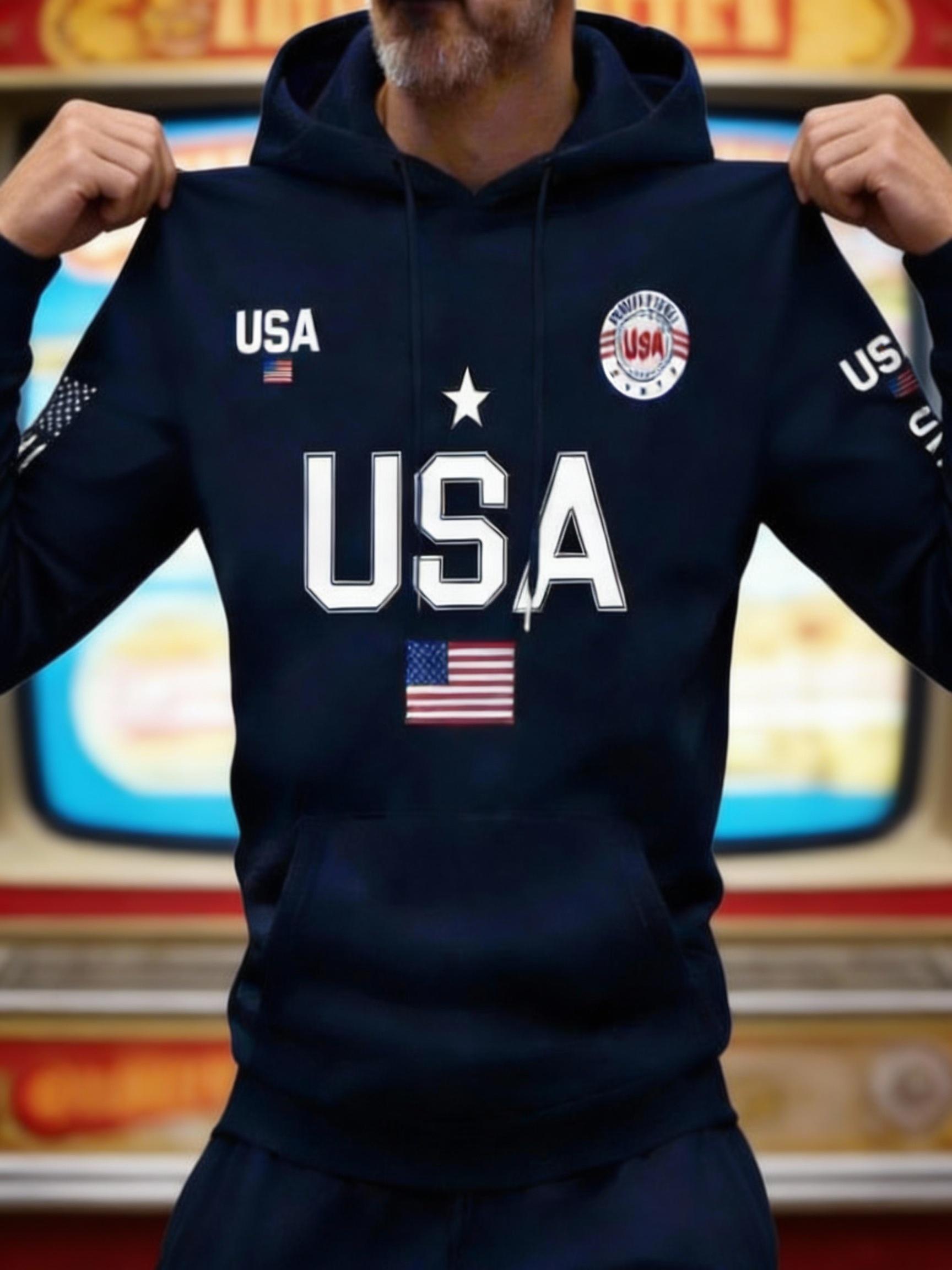 Streetwear USA Hoodie Men's Red Loose Hoodie Flag Element Top